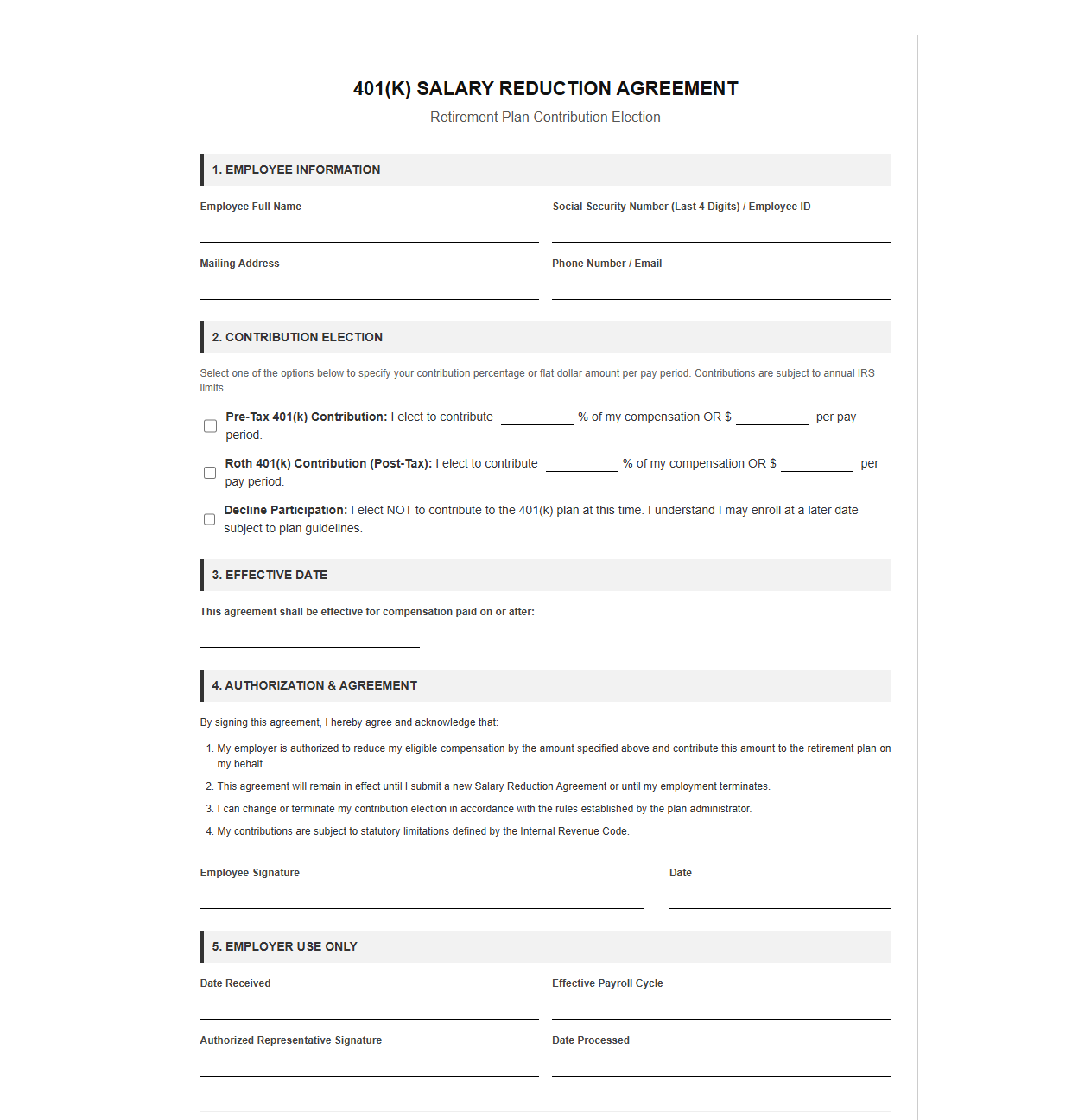 401k Salary Reduction Agreement Template