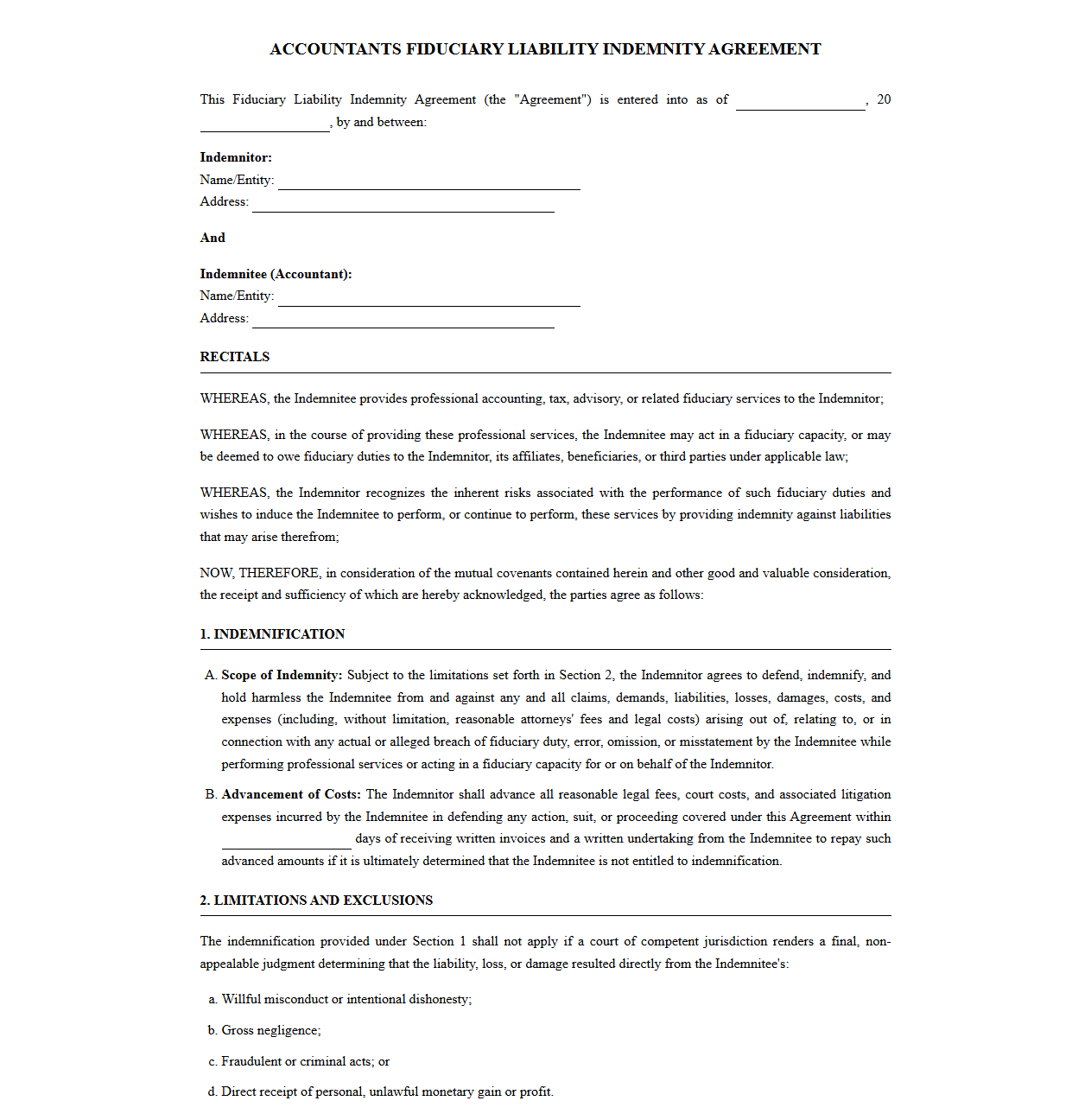 Accountants Fiduciary Liability Indemnity Agreement