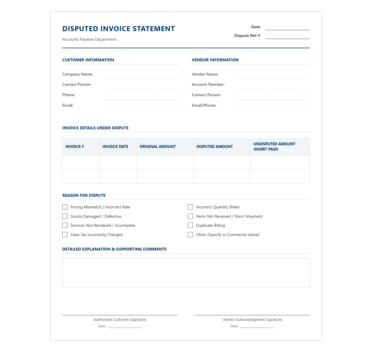 Accounts Payable Disputed Invoice Statement