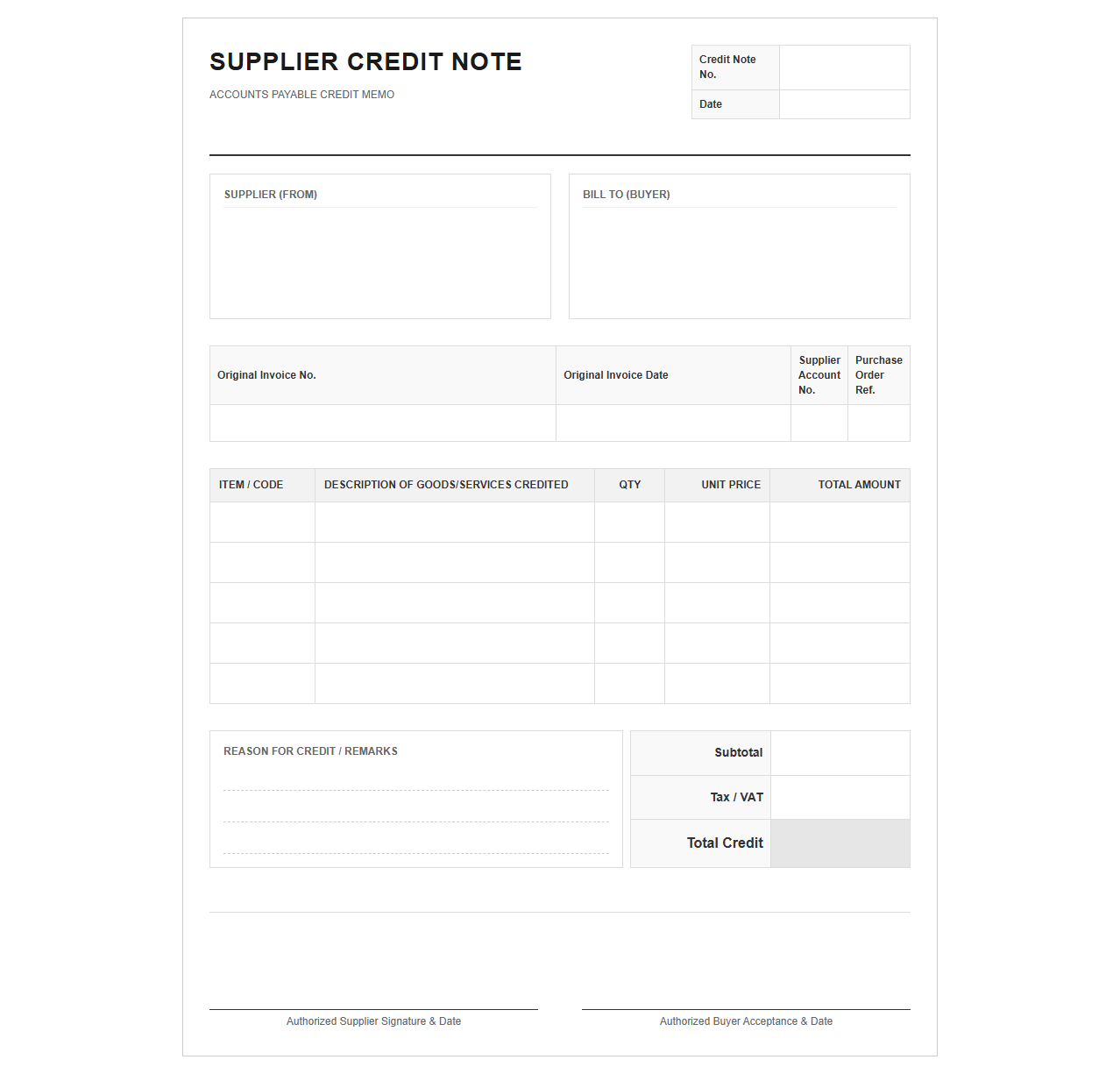Accounts Payable Supplier Credit Invoice