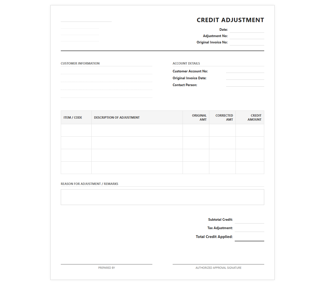 Accounts Receivable Credit Adjustment Template