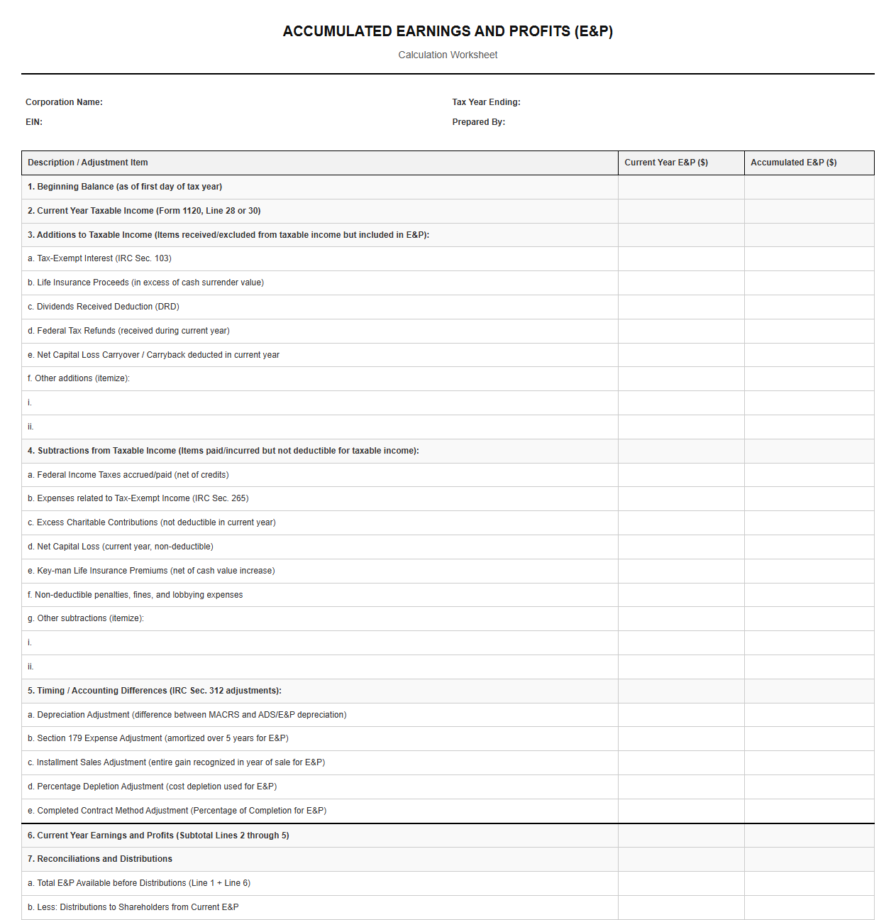 Accumulated Earnings and Profits Calculation Worksheet