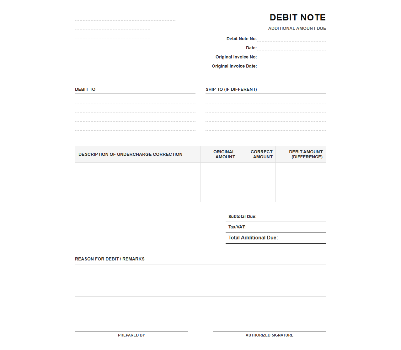 Additional Amount Due Debit Note