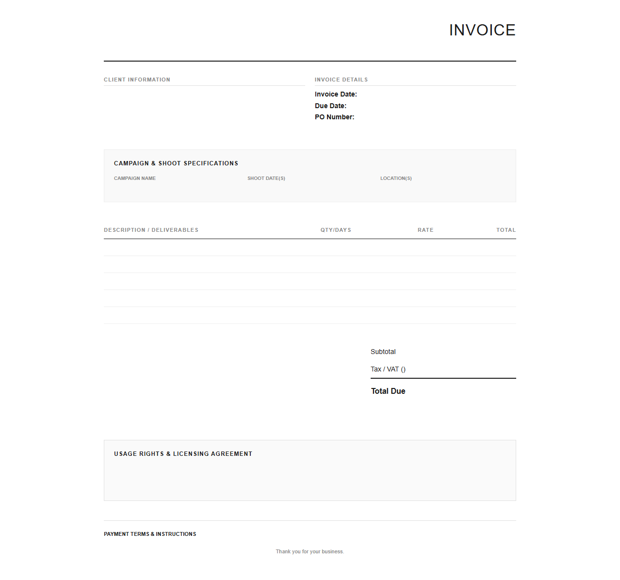 Advertising Campaign Photography Invoice Template