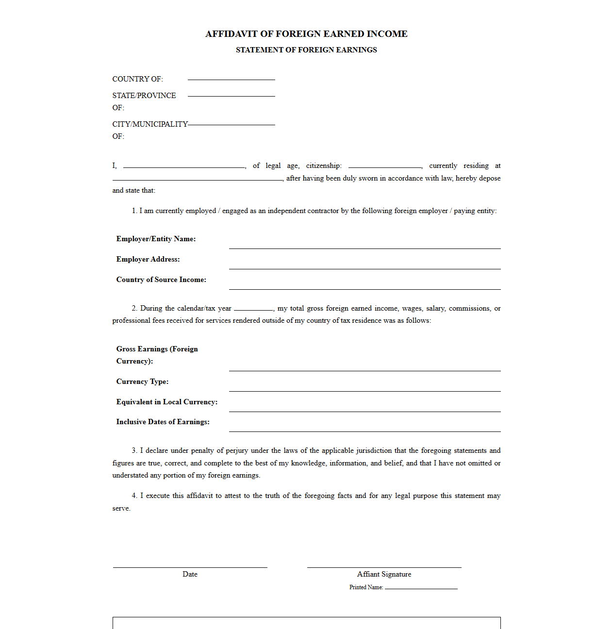 Affidavit of Foreign Earned Income