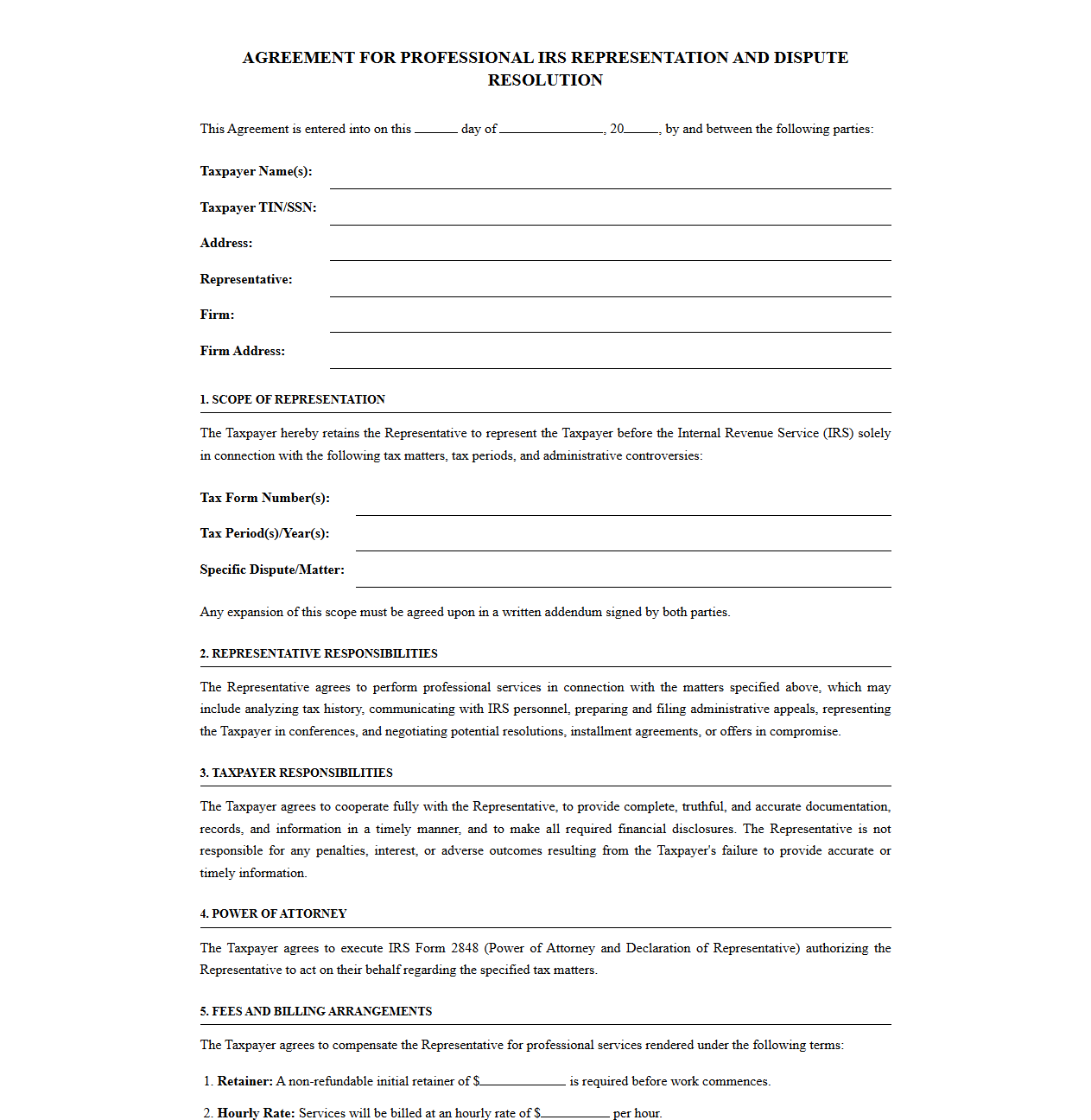 Agreement for Professional IRS Representation and Dispute Resolution