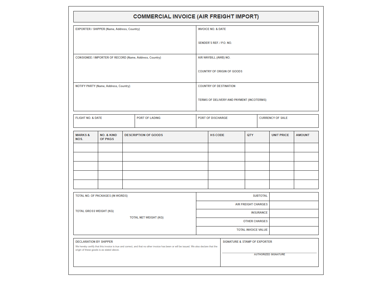 Air Freight Commercial Import Invoice Template