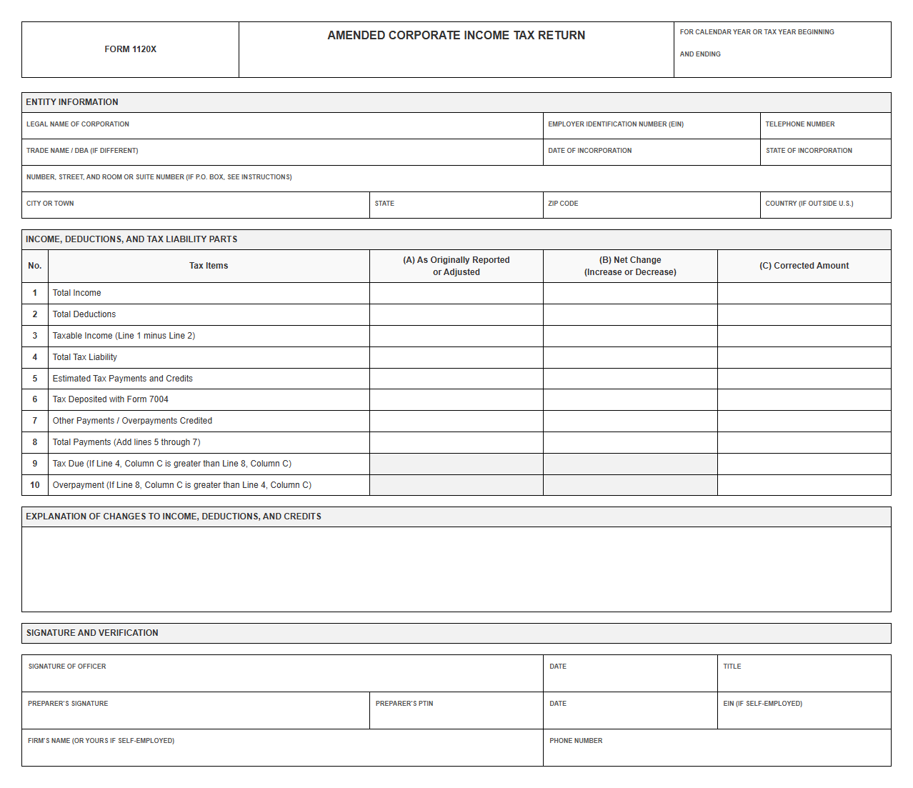 Amended Corporate Tax Return Filing Template