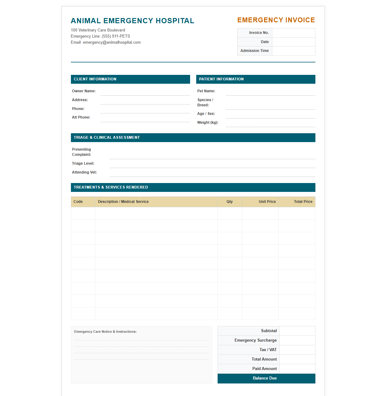 Animal Hospital Emergency Treatment Invoice