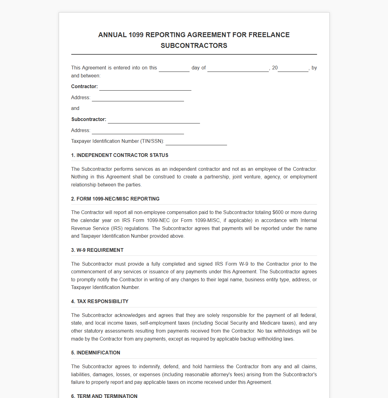 Annual 1099 Reporting Agreement for Freelance Subcontractors