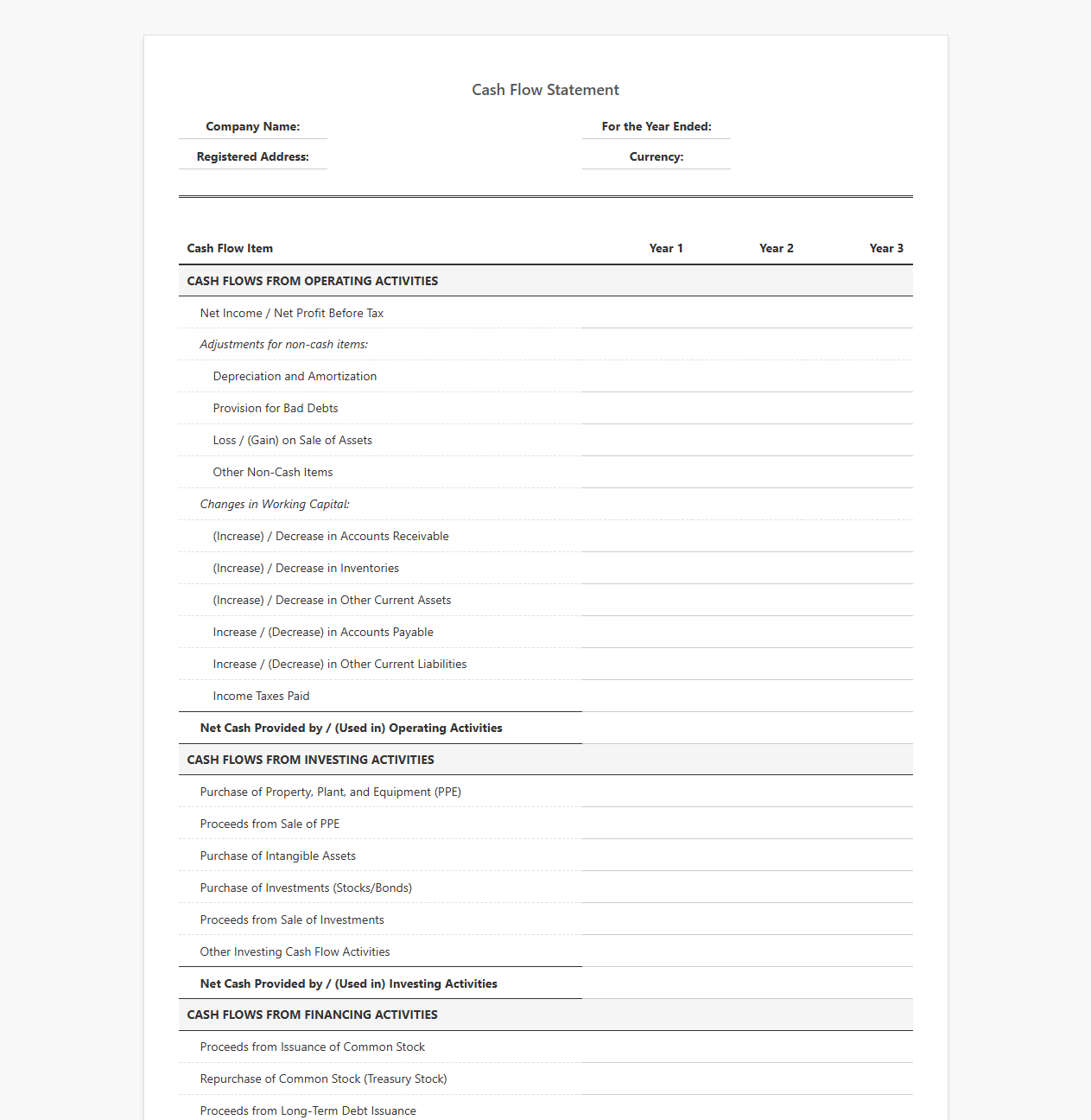 Annual Cash Flow Statement Template