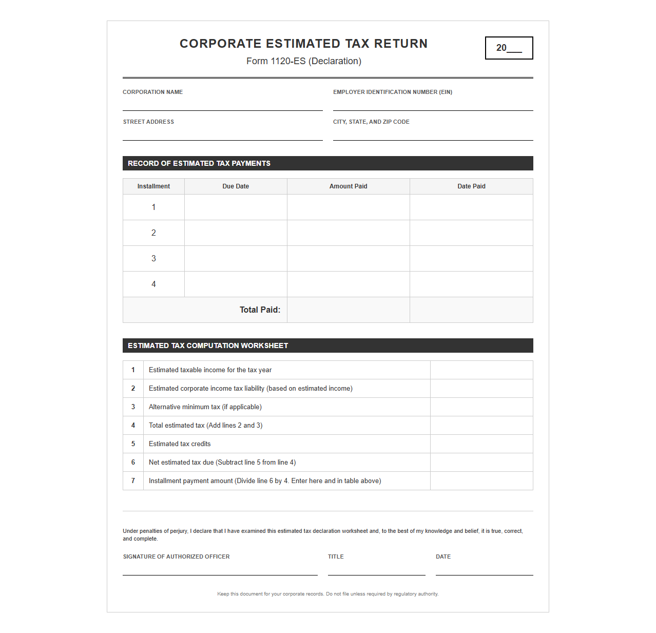 Annual Corporate Estimated Tax Return Template