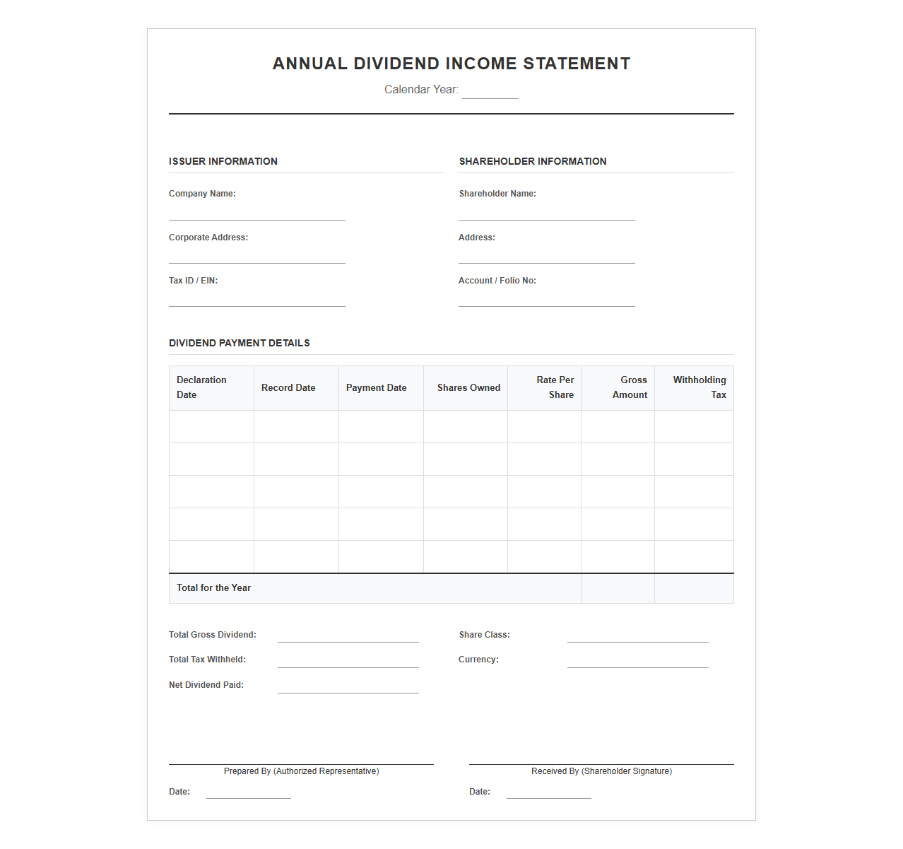 Annual Dividend Income Statement Template