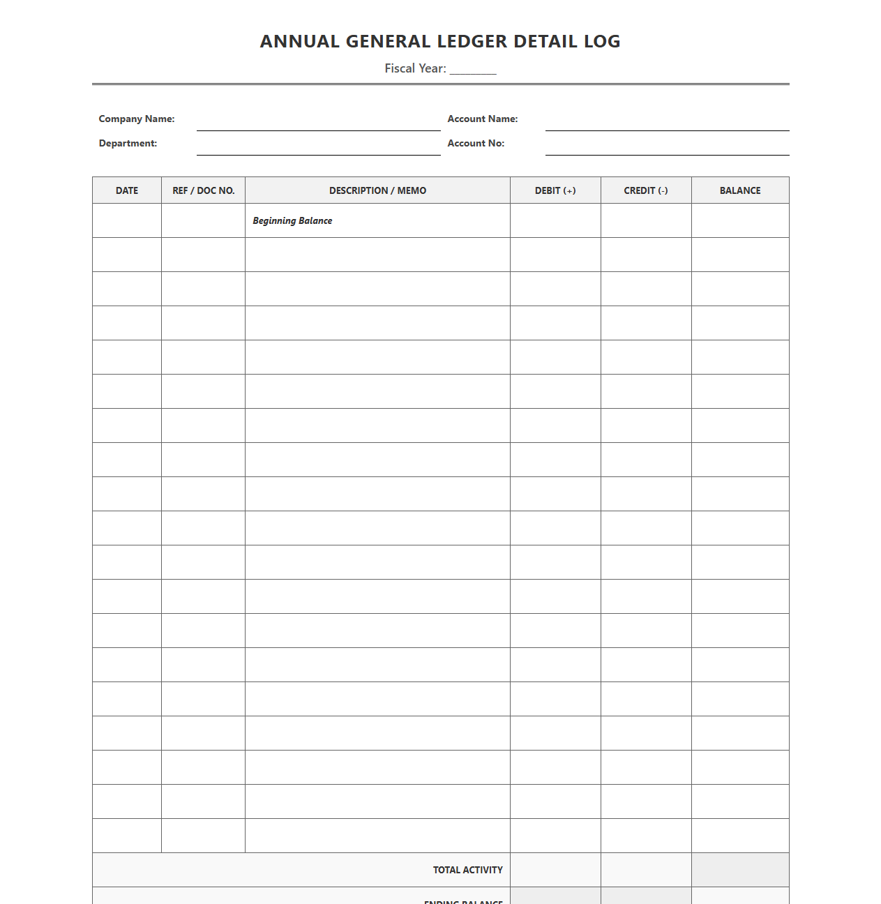 Annual General Ledger Detail Log Template
