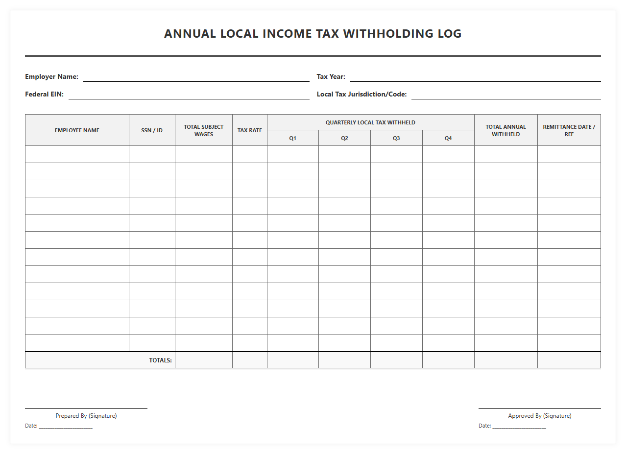 Annual Local Income Tax Withholding Log