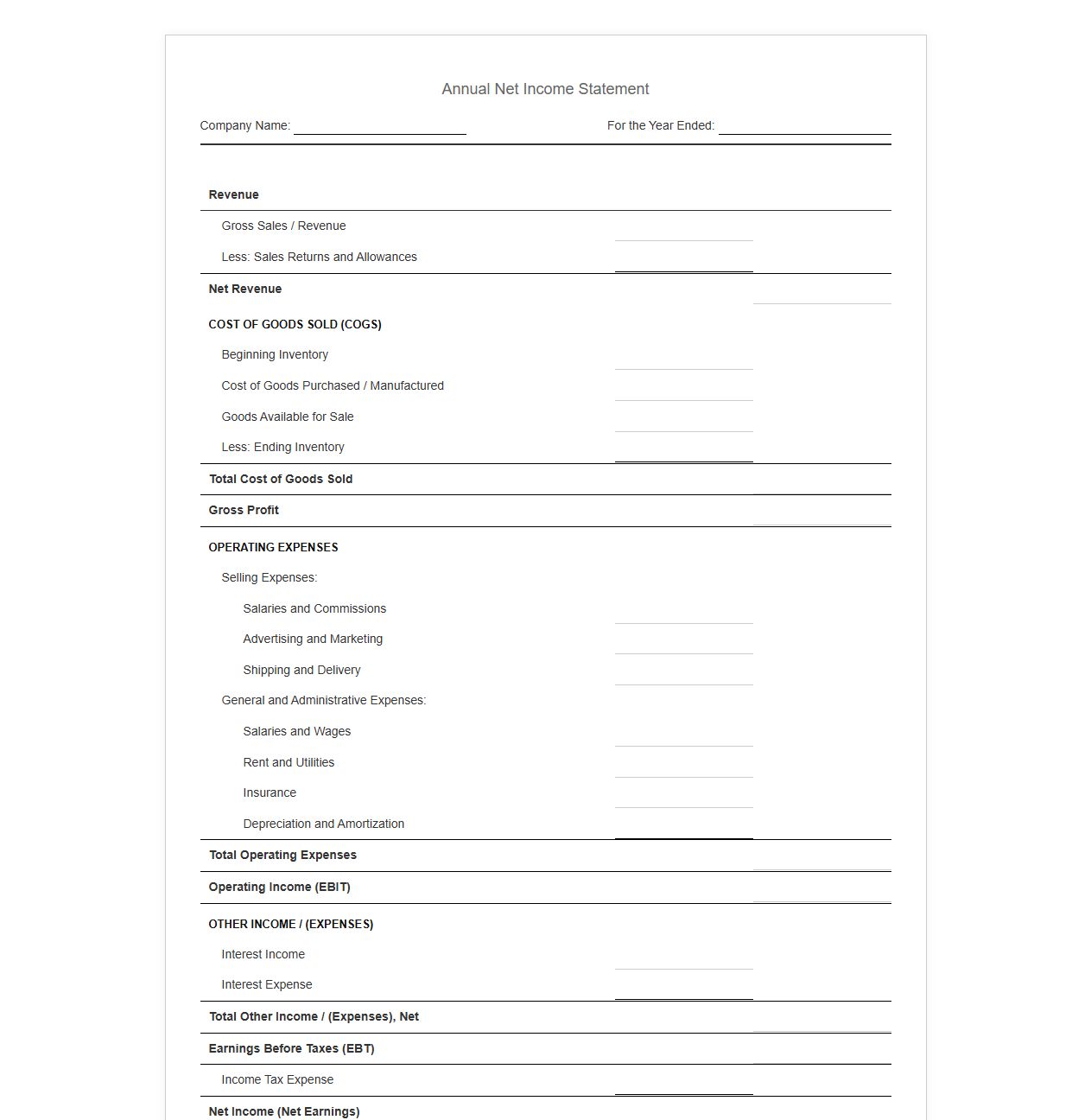 Annual Net Income Statement Template