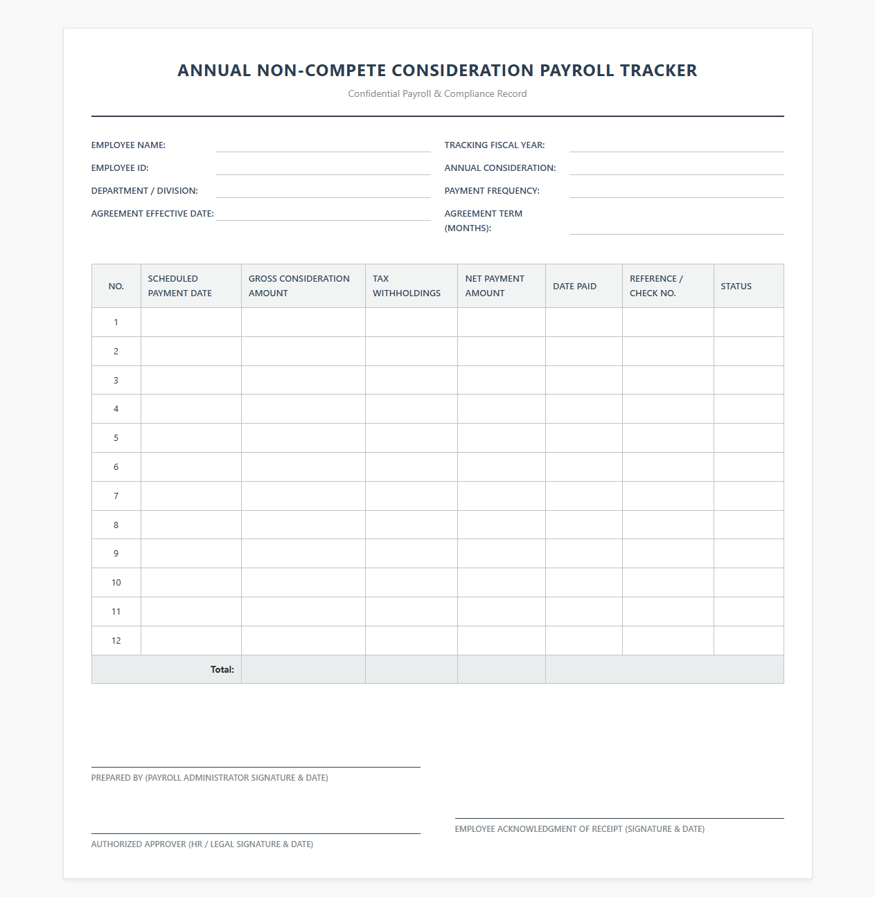Annual Non-Compete Consideration Payroll Tracker