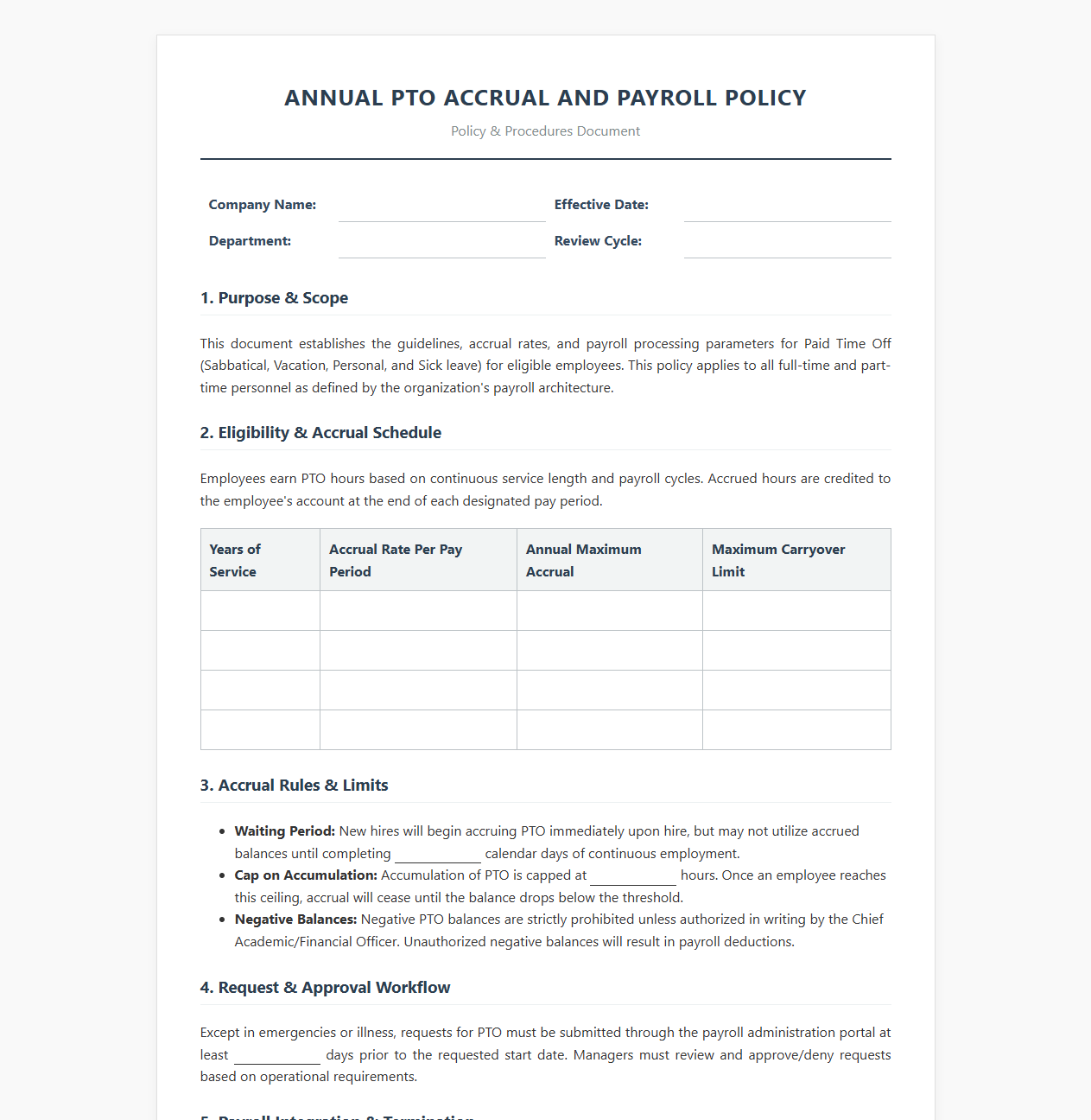 Annual PTO Accrual and Payroll Policy Document