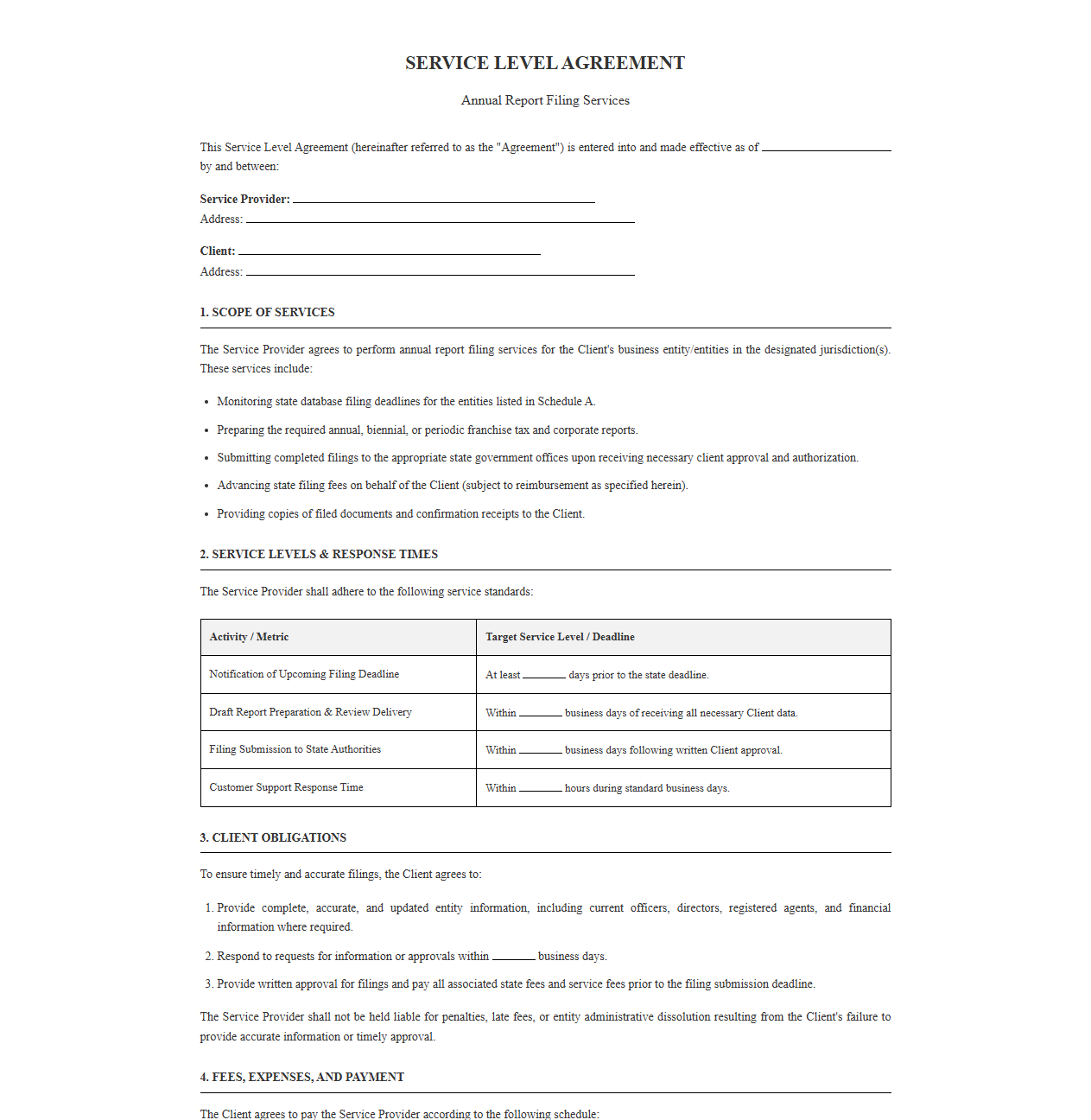 Annual Report Filing Service Level Agreement