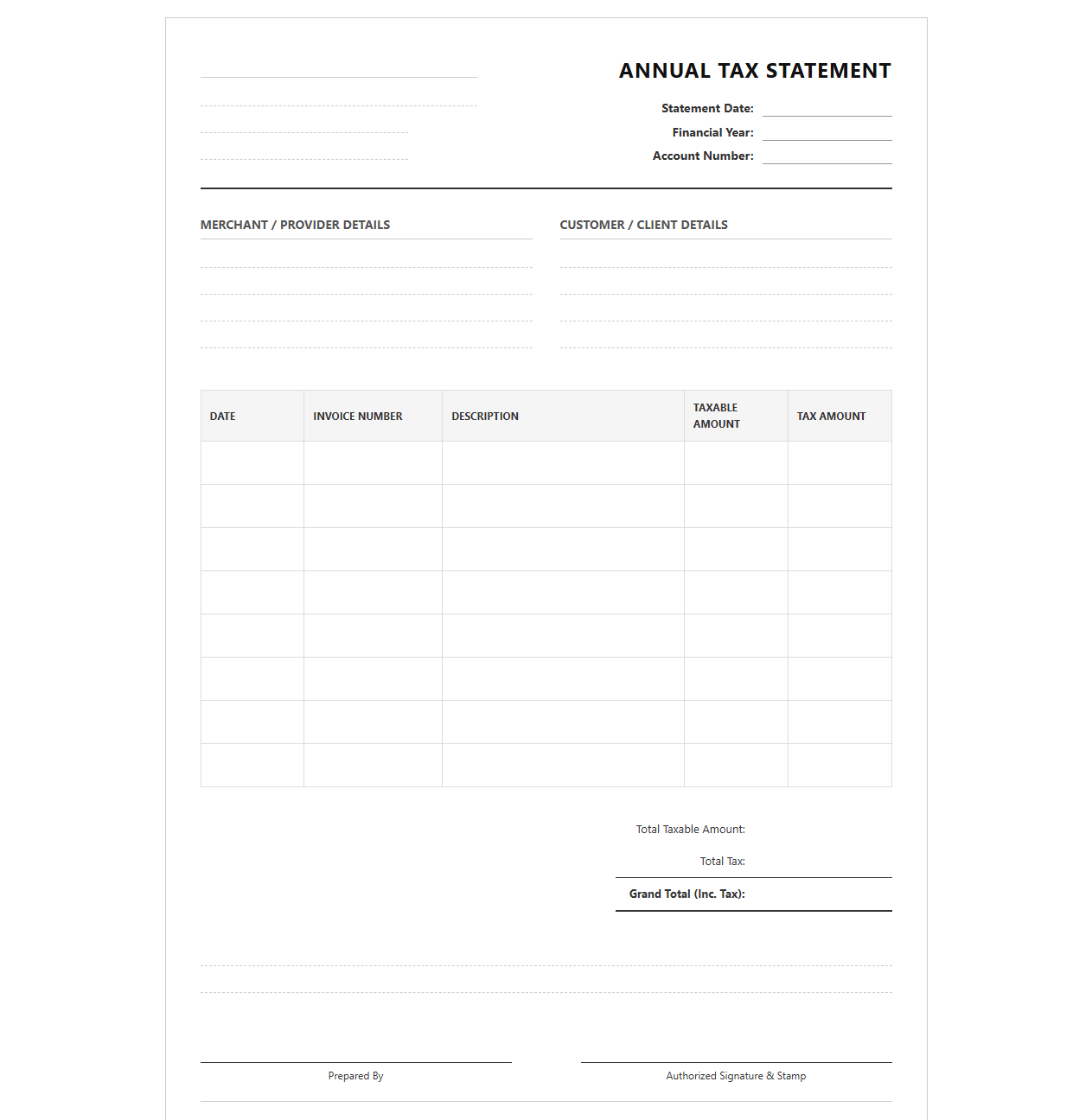 Annual Tax Invoice Statement Template