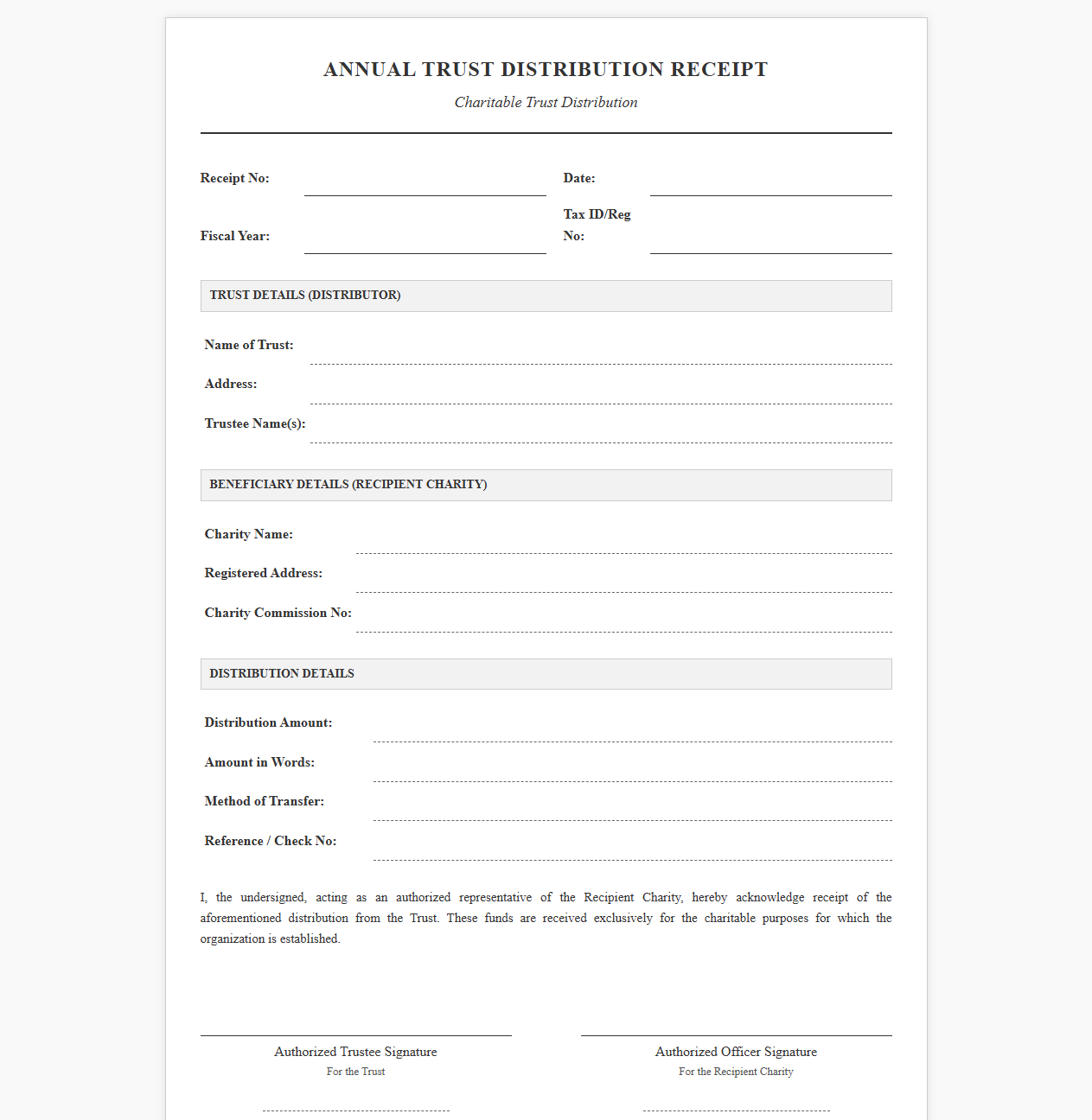 Annual Trust Distribution Receipt for Charities