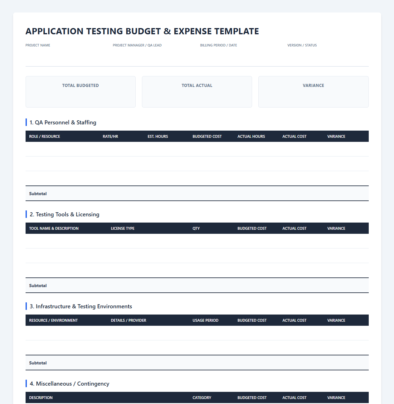 Application Testing Budget and Expense Template