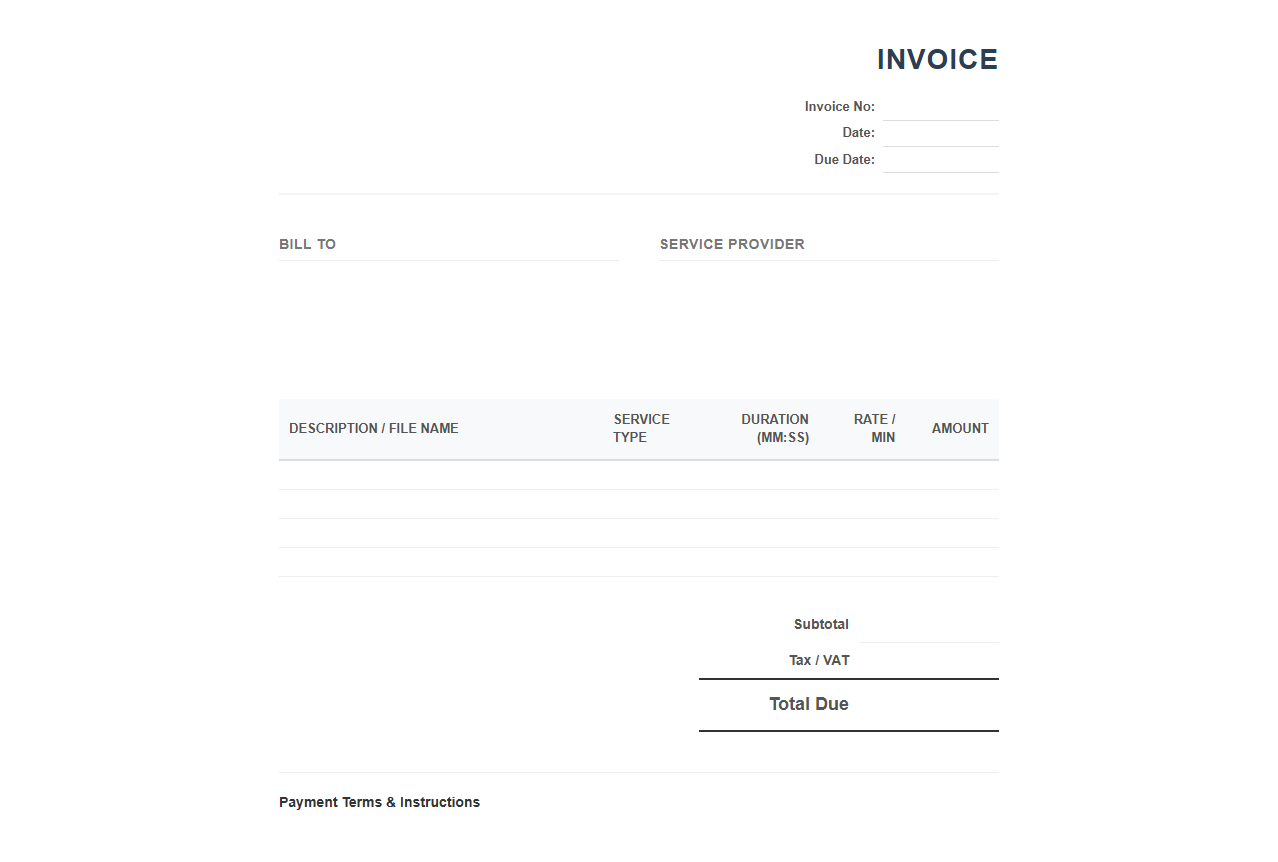 Audio and Video Transcription Services Invoice