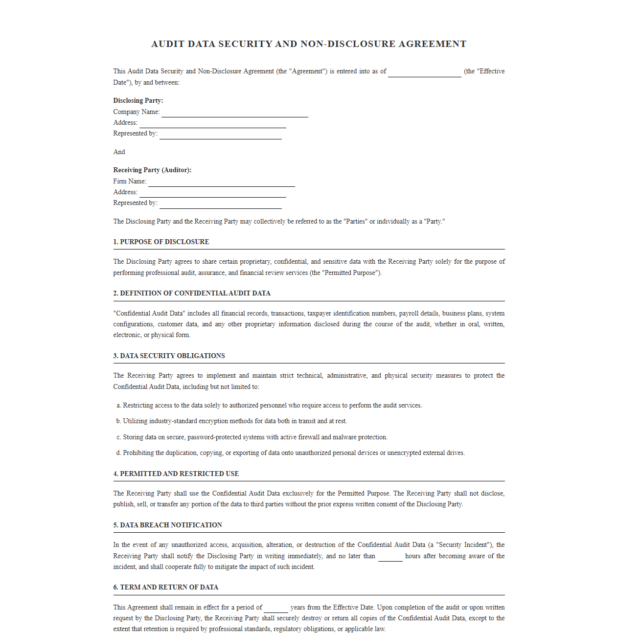 Audit Data Security and Non-Disclosure Agreement