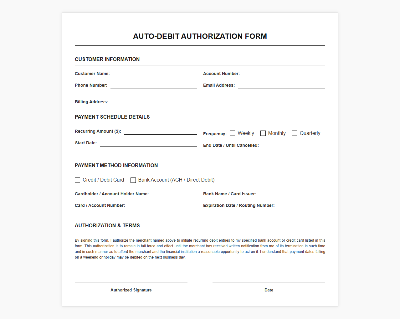 Auto-Debit Authorization Statement Template