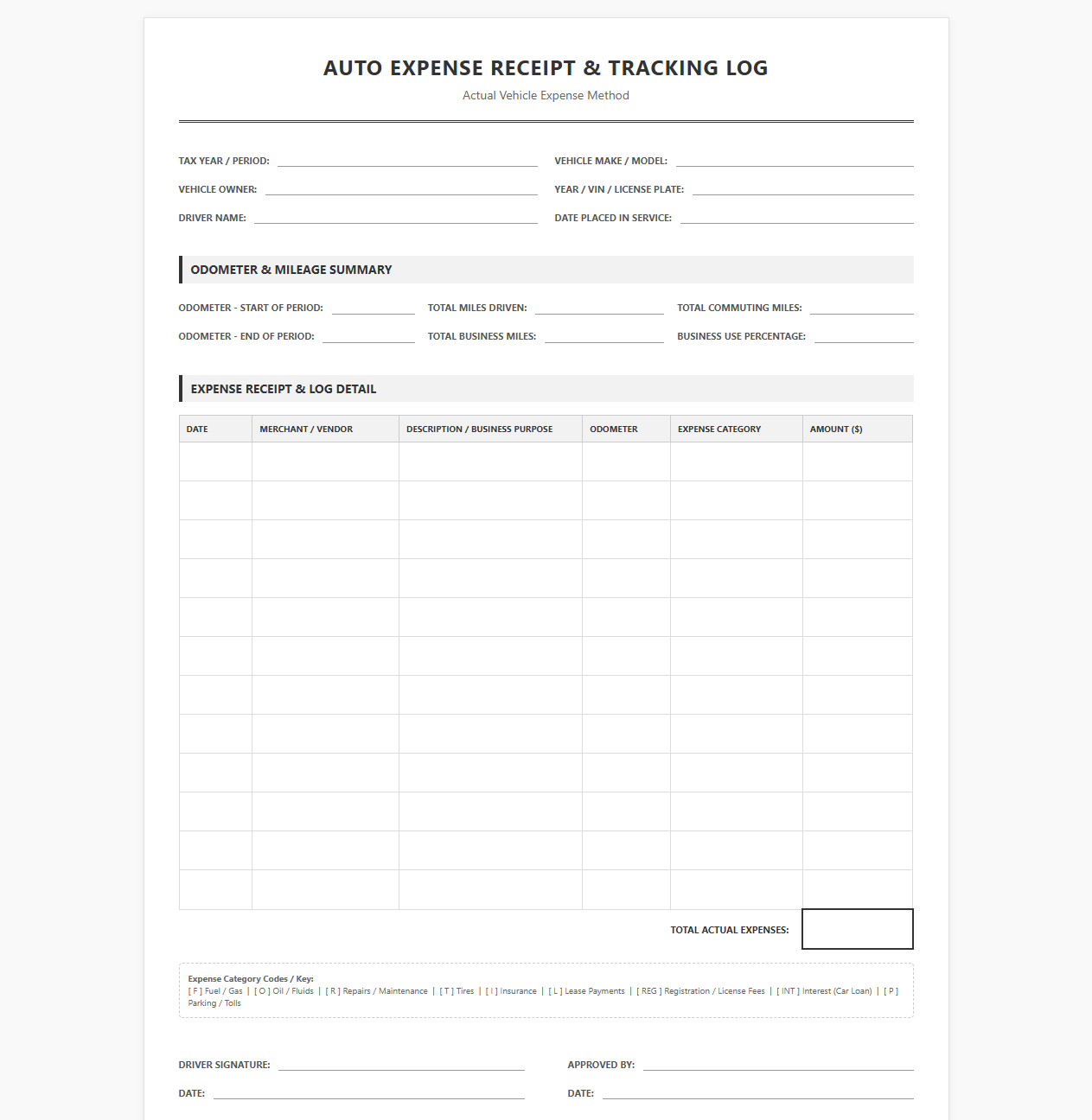 Auto Expense Receipt and Tracking Log