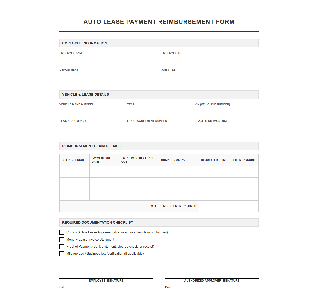 Auto Lease Payment Reimbursement Form