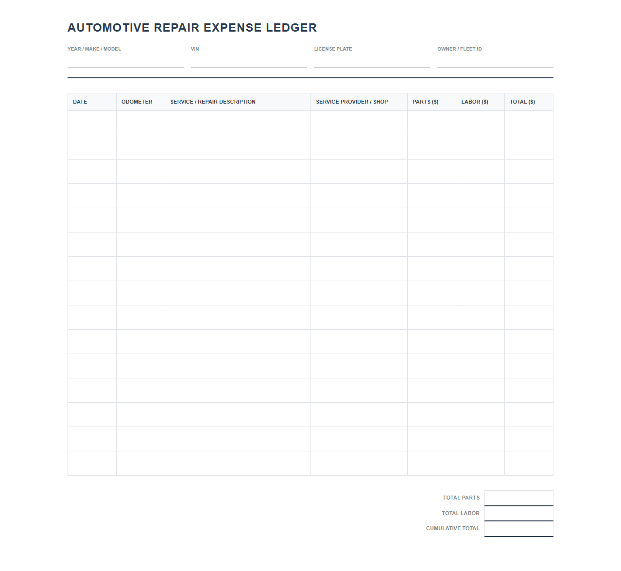 Automotive Repair Expense Ledger