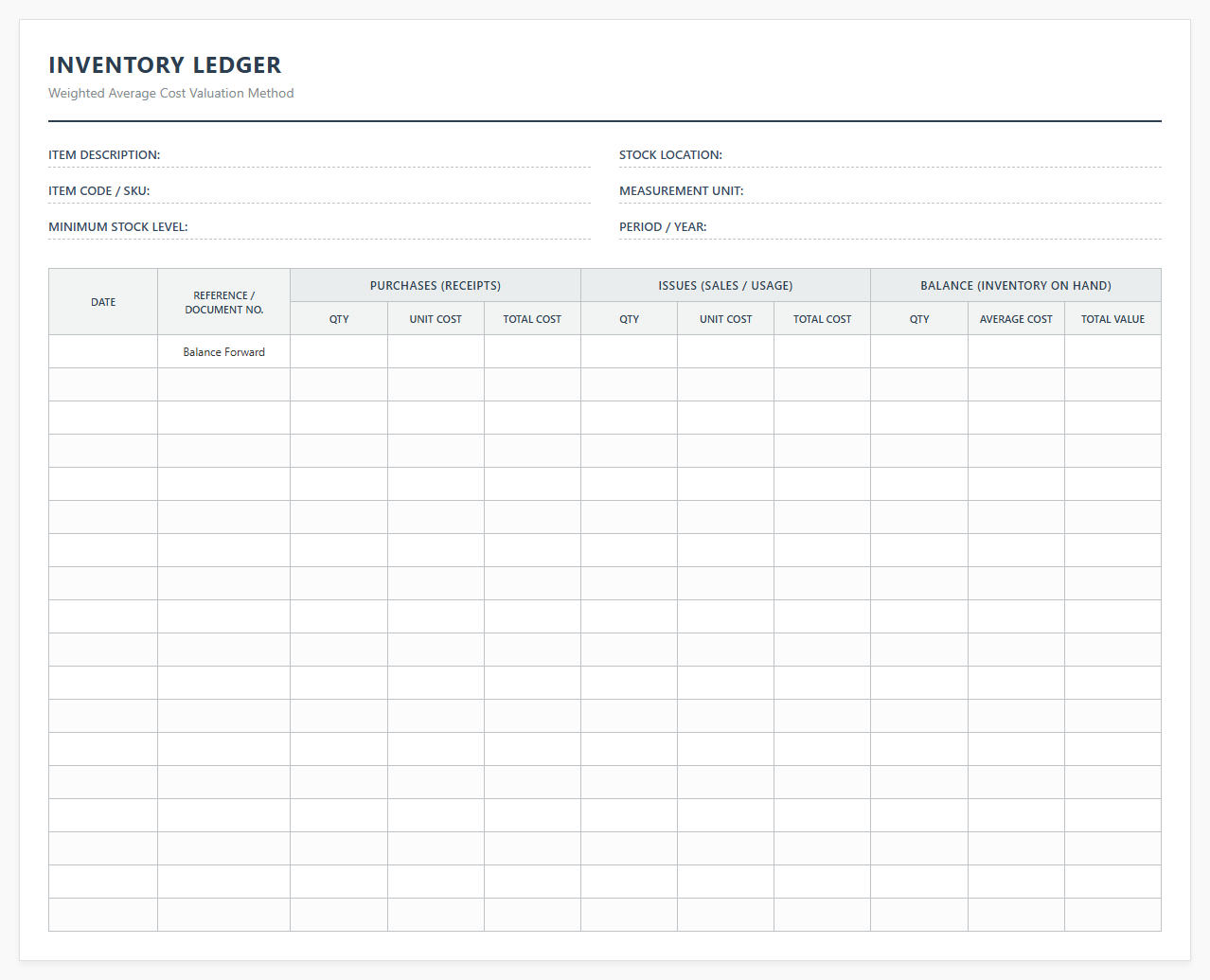 Average Cost Inventory Valuation Ledger