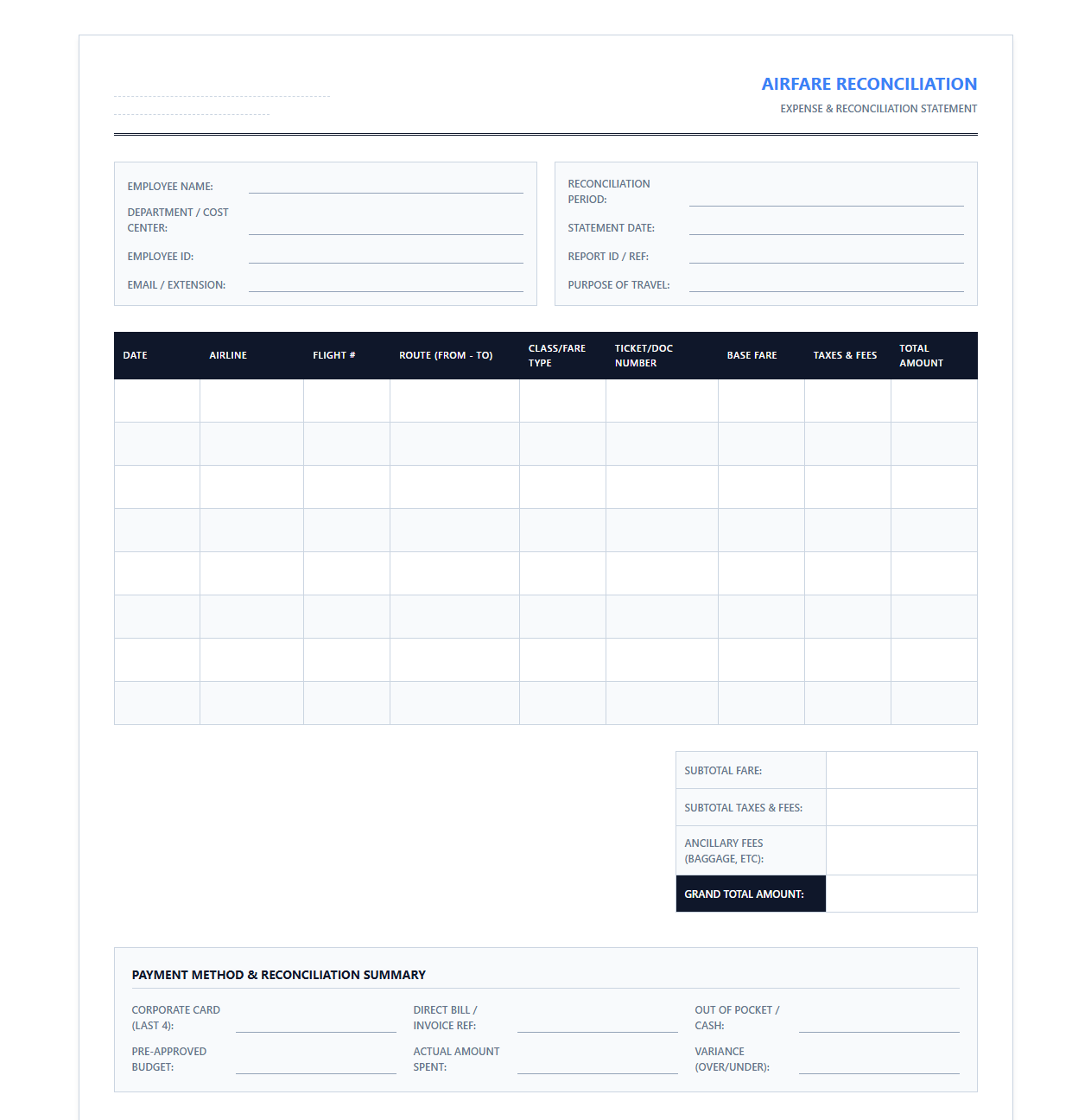 Aviation and Airfare Cost Reconciliation Template