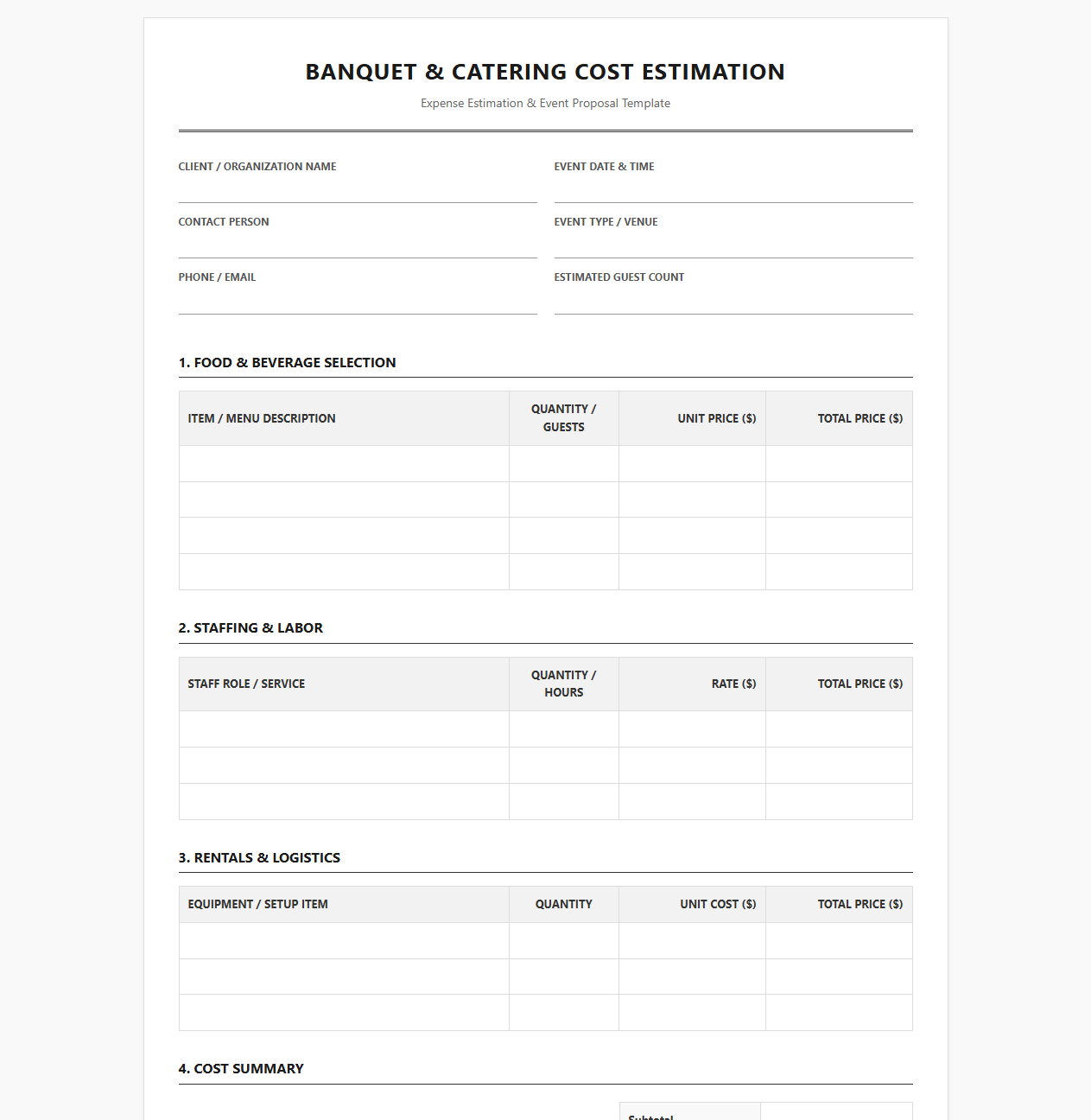 Banquet and Catering Cost Estimation Form