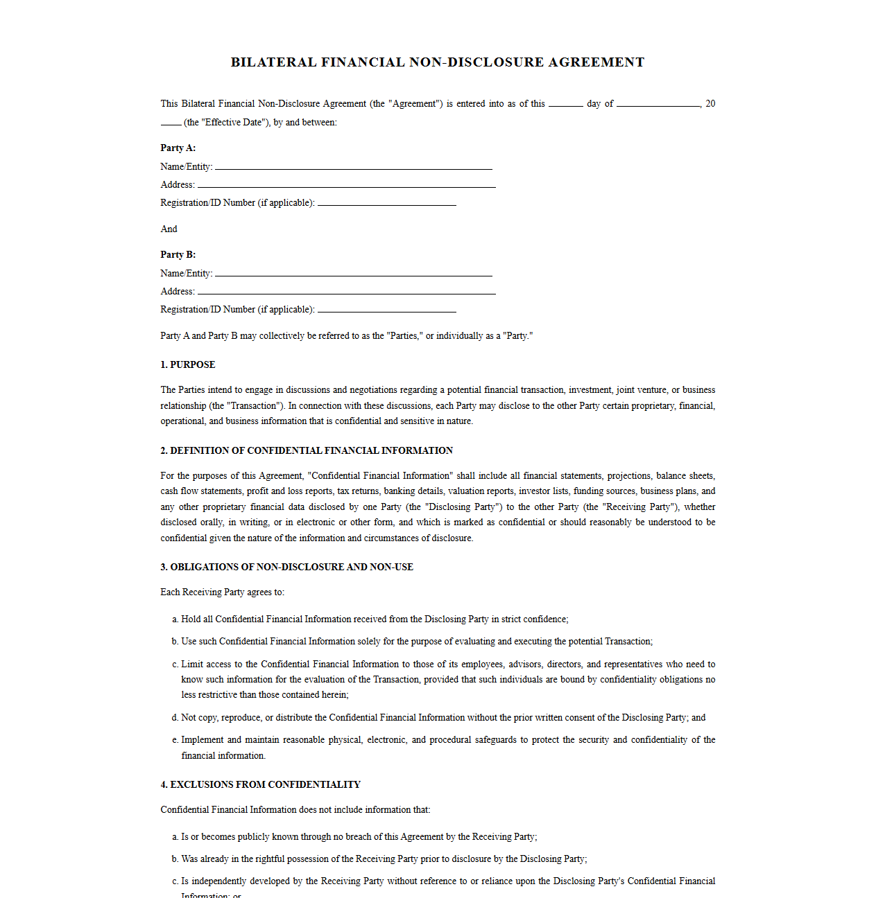 Bilateral Non-Disclosure Agreement for Financial Transactions