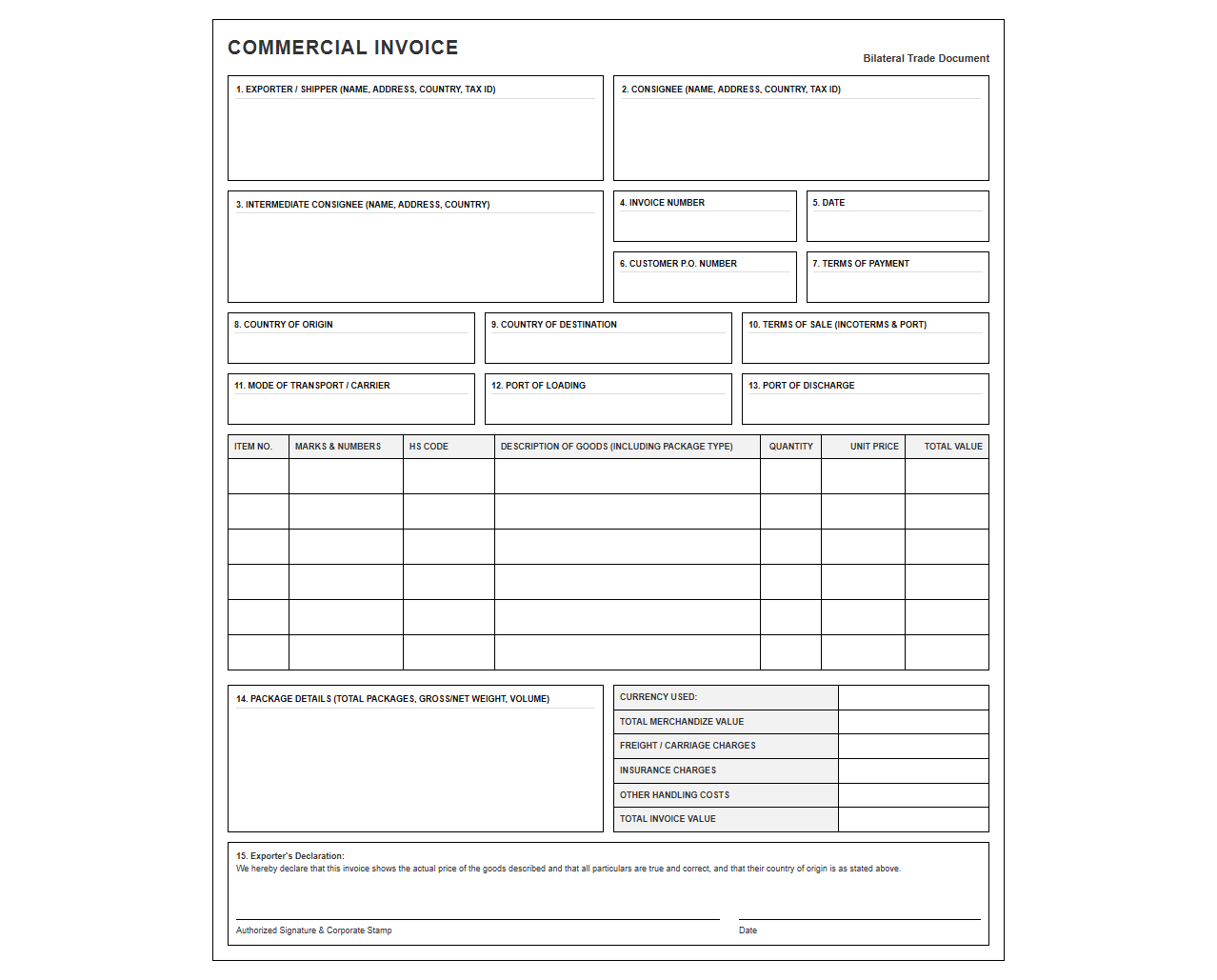 Bilateral Trade Commercial Export Invoice Form