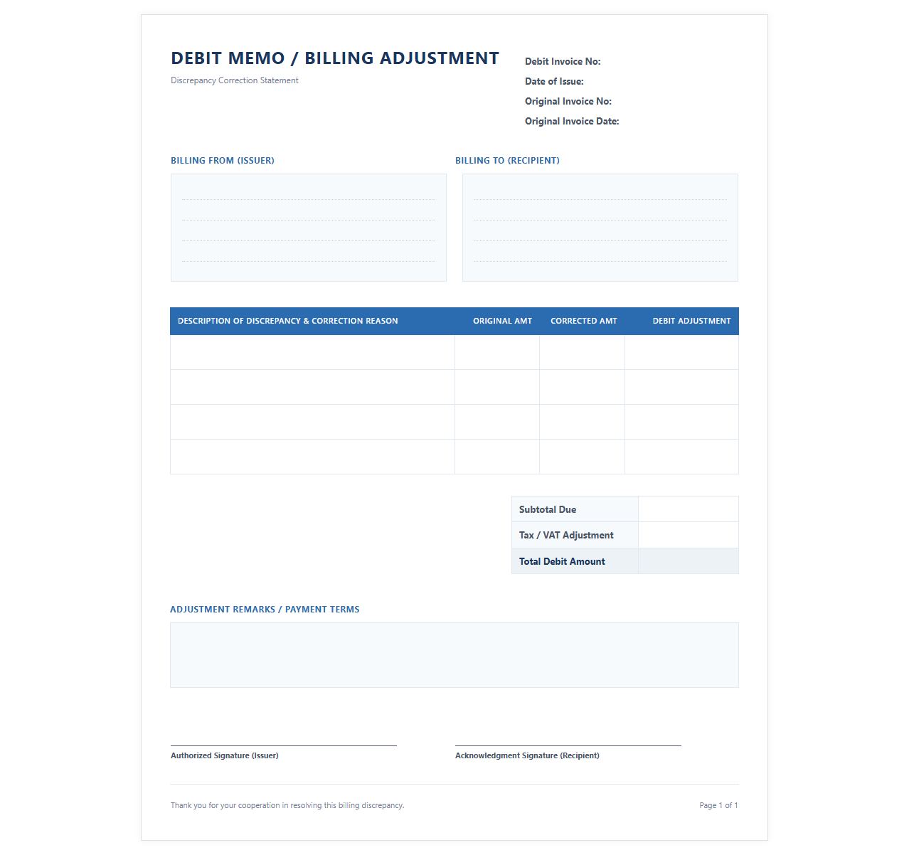 Billing Adjustment Debit Invoice Template