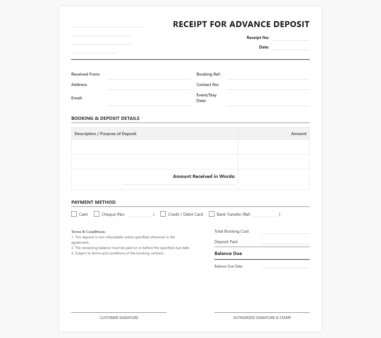 Booking Deposit Receipt Template