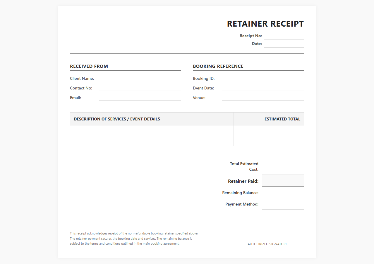 Booking Retainer Receipt Template