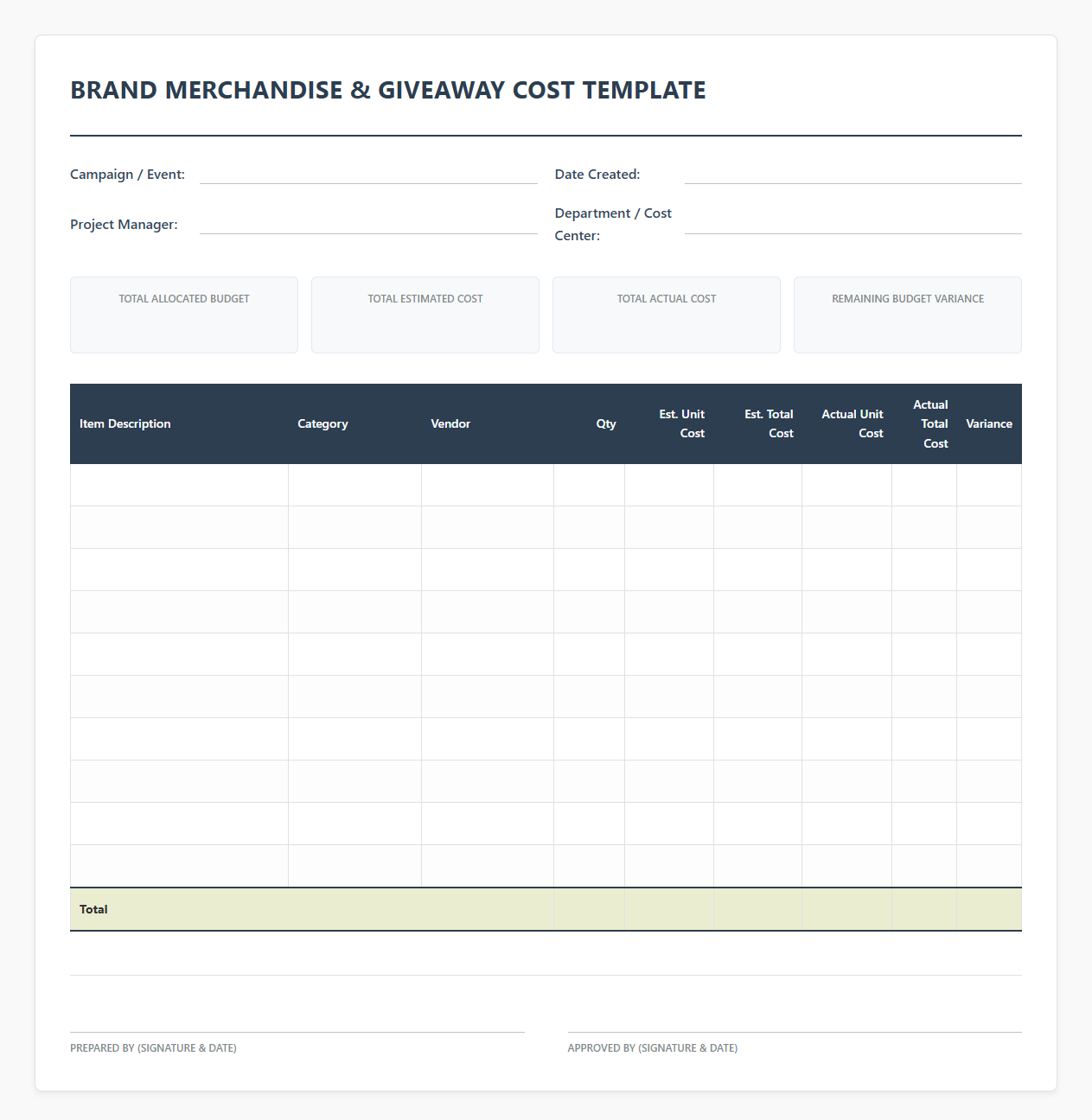 Brand Merchandise and Giveaway Cost Template