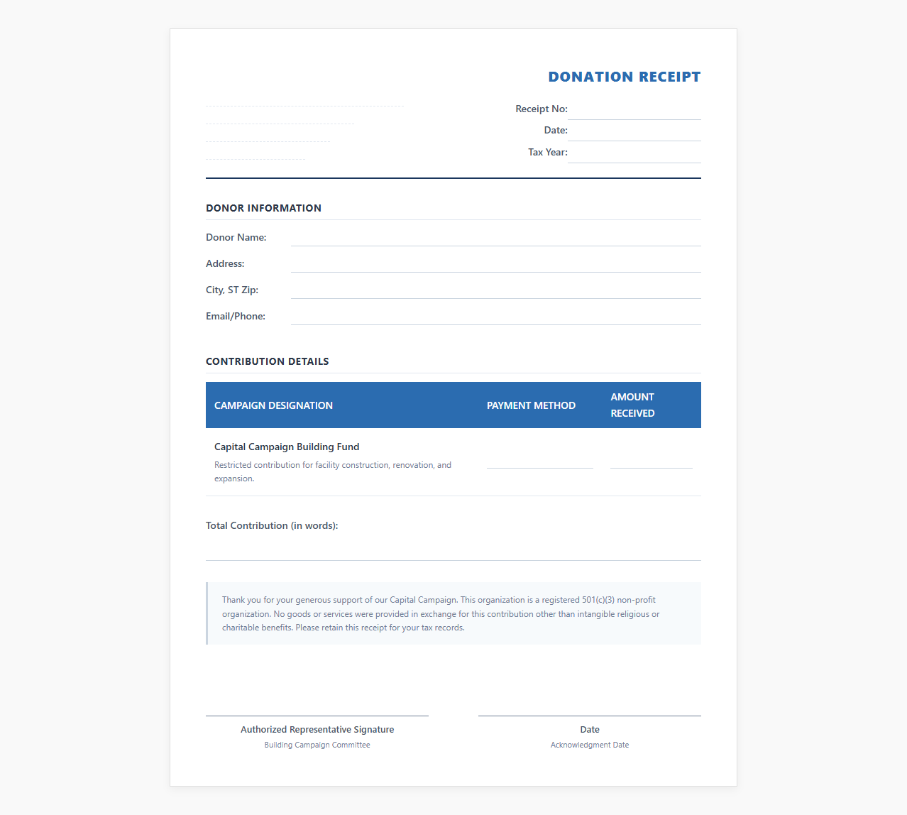 Building Fund Capital Campaign Receipt Template