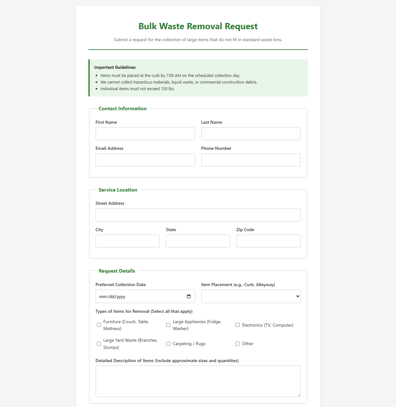 Bulk Waste Removal Request Form