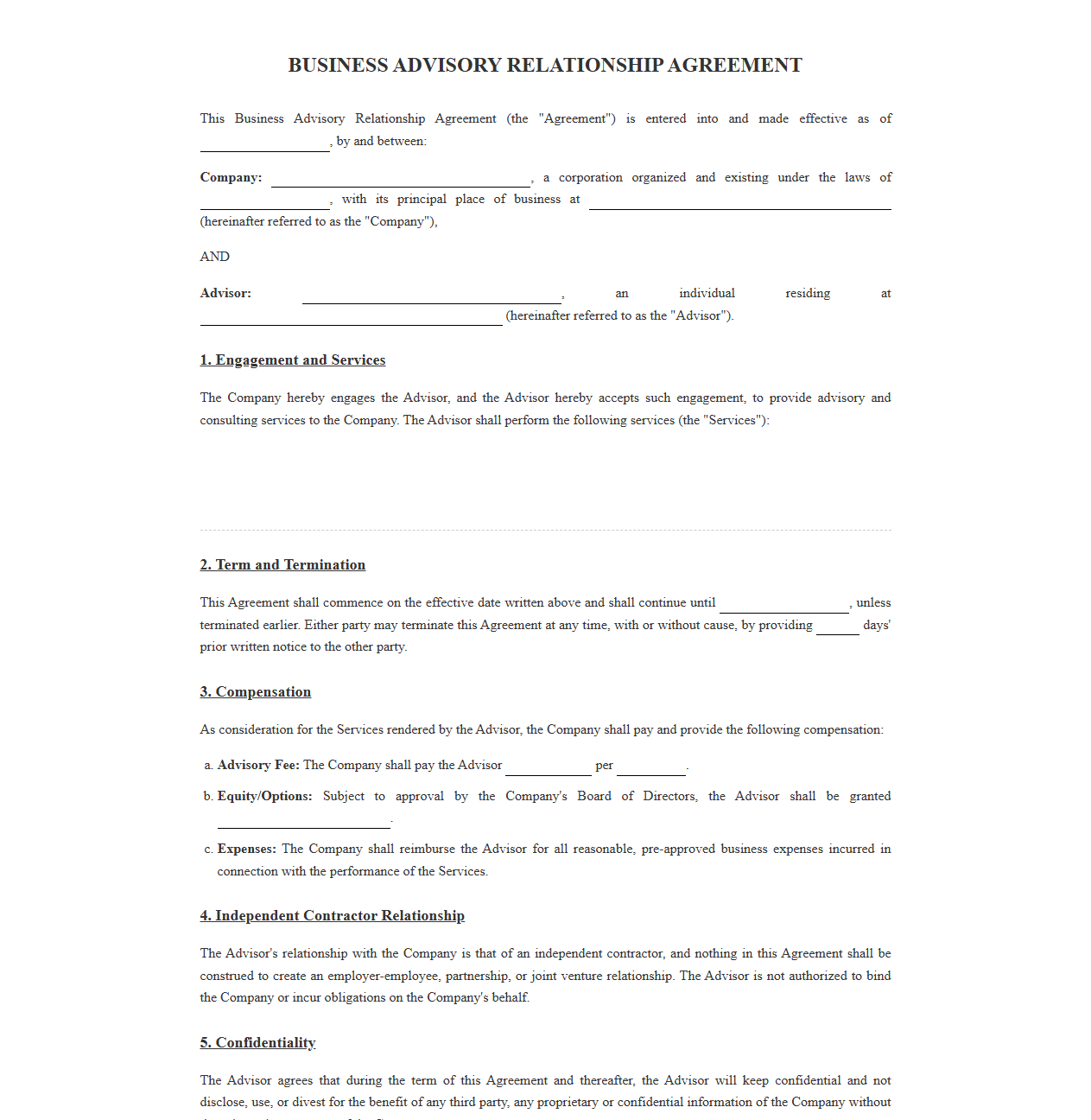 Business Advisory Relationship Agreement Template
