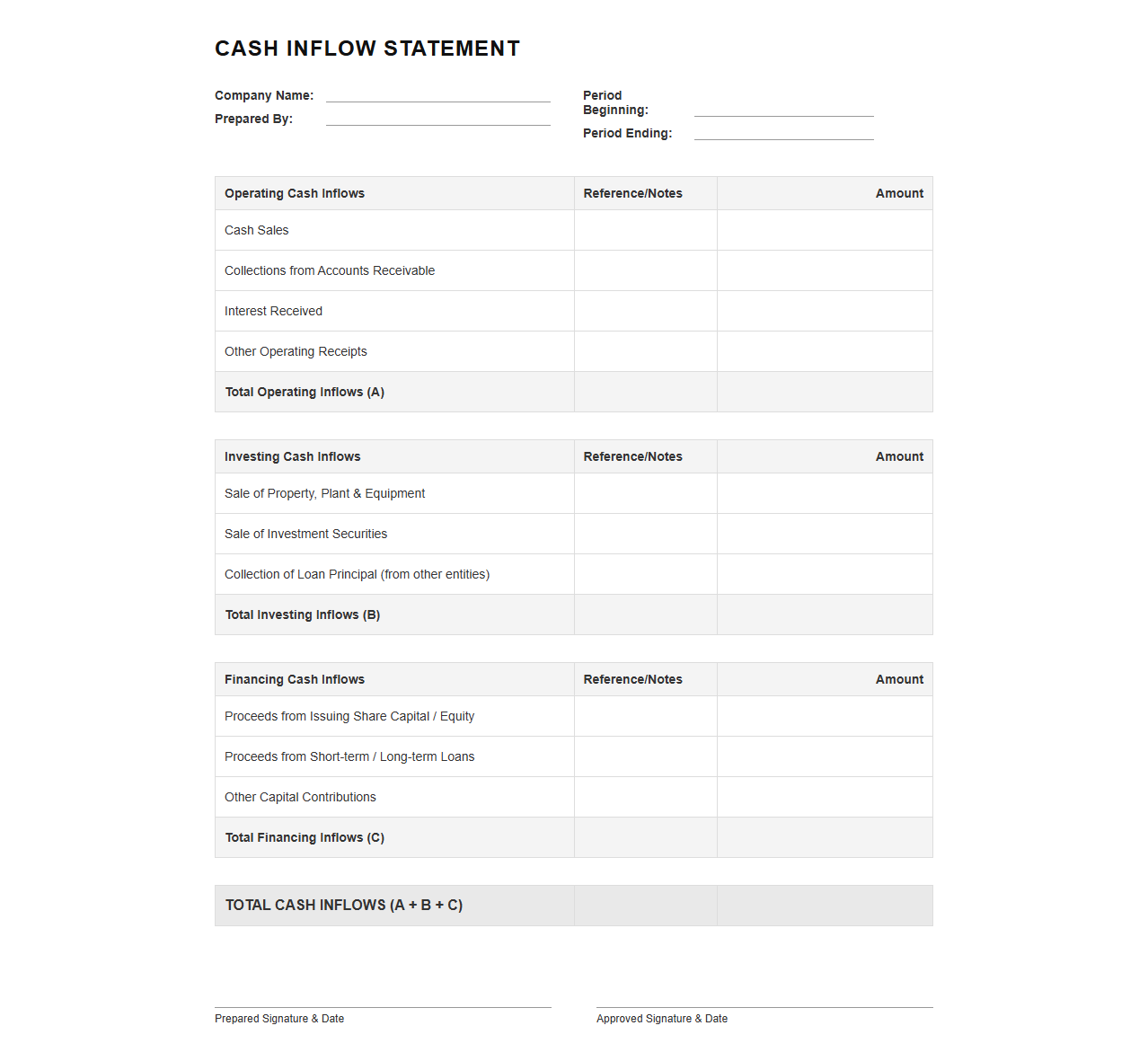 Business Cash Inflow Statement Template