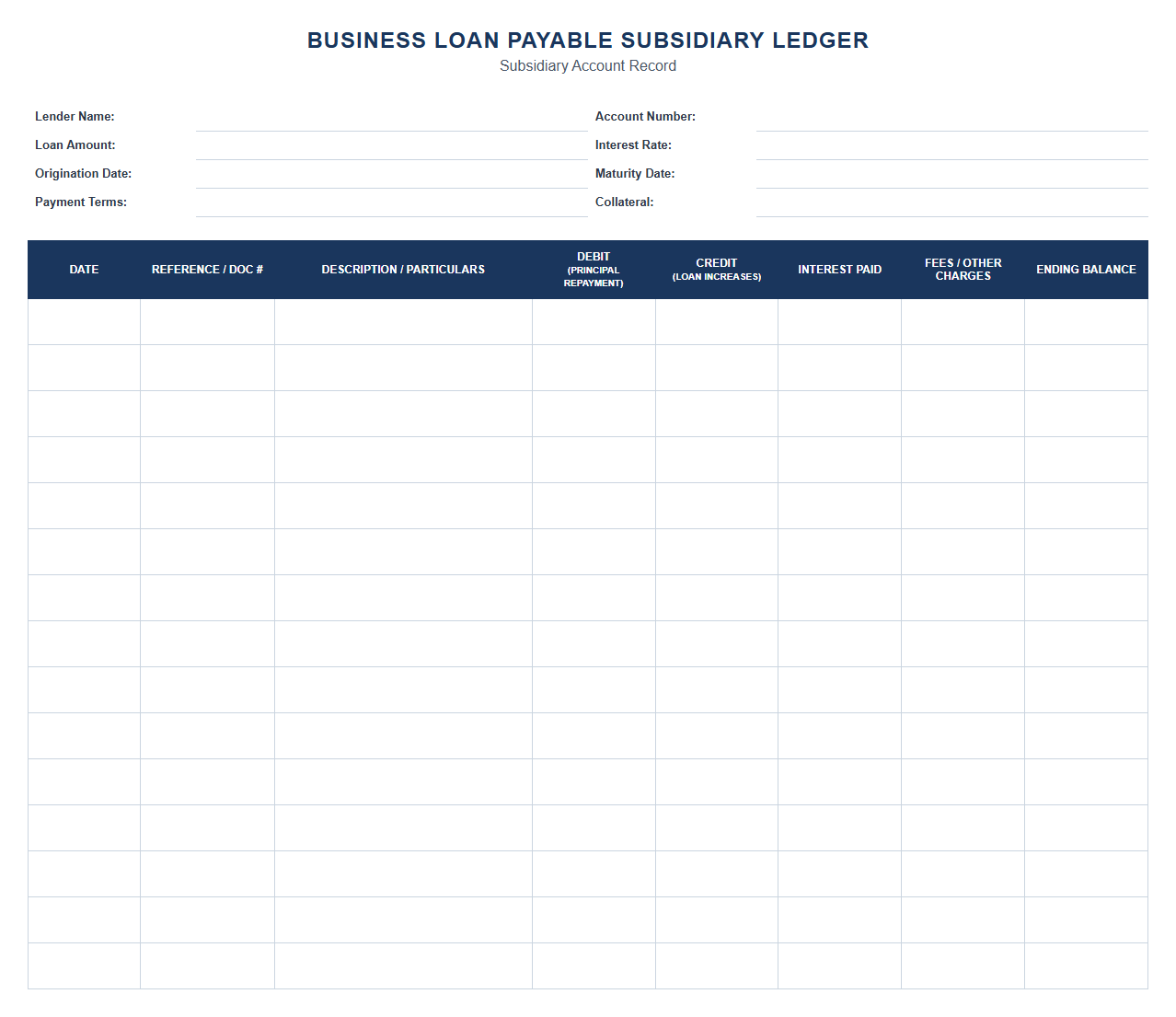 Business Loan Payable Subsidiary Ledger Template