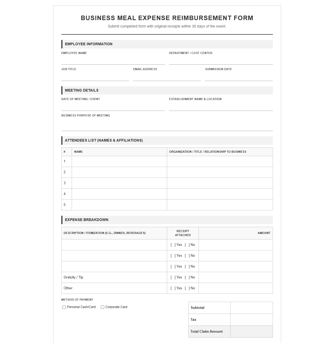 Business Meal Expense Reimbursement Form