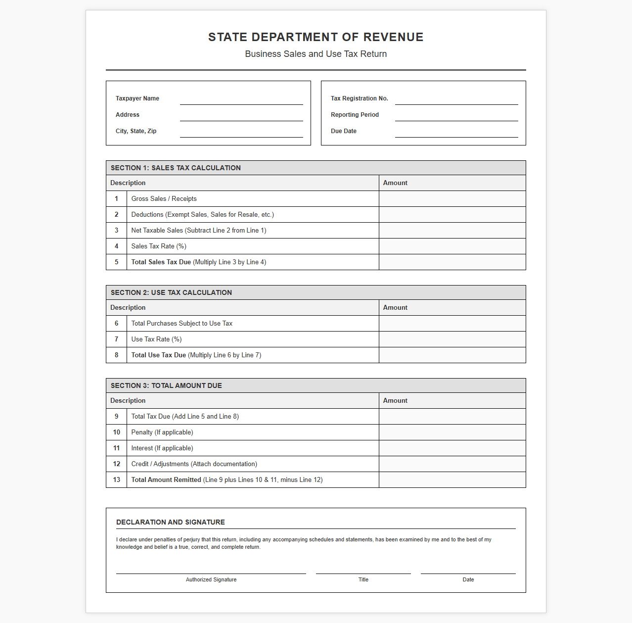 Business Sales and Use Tax Return Template