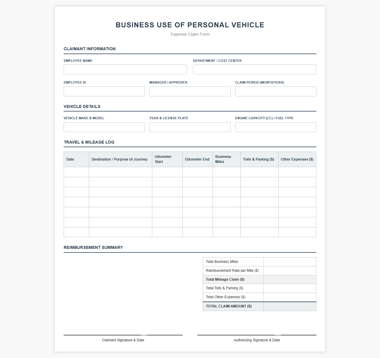 Business Use of Personal Vehicle Expense Claim Form