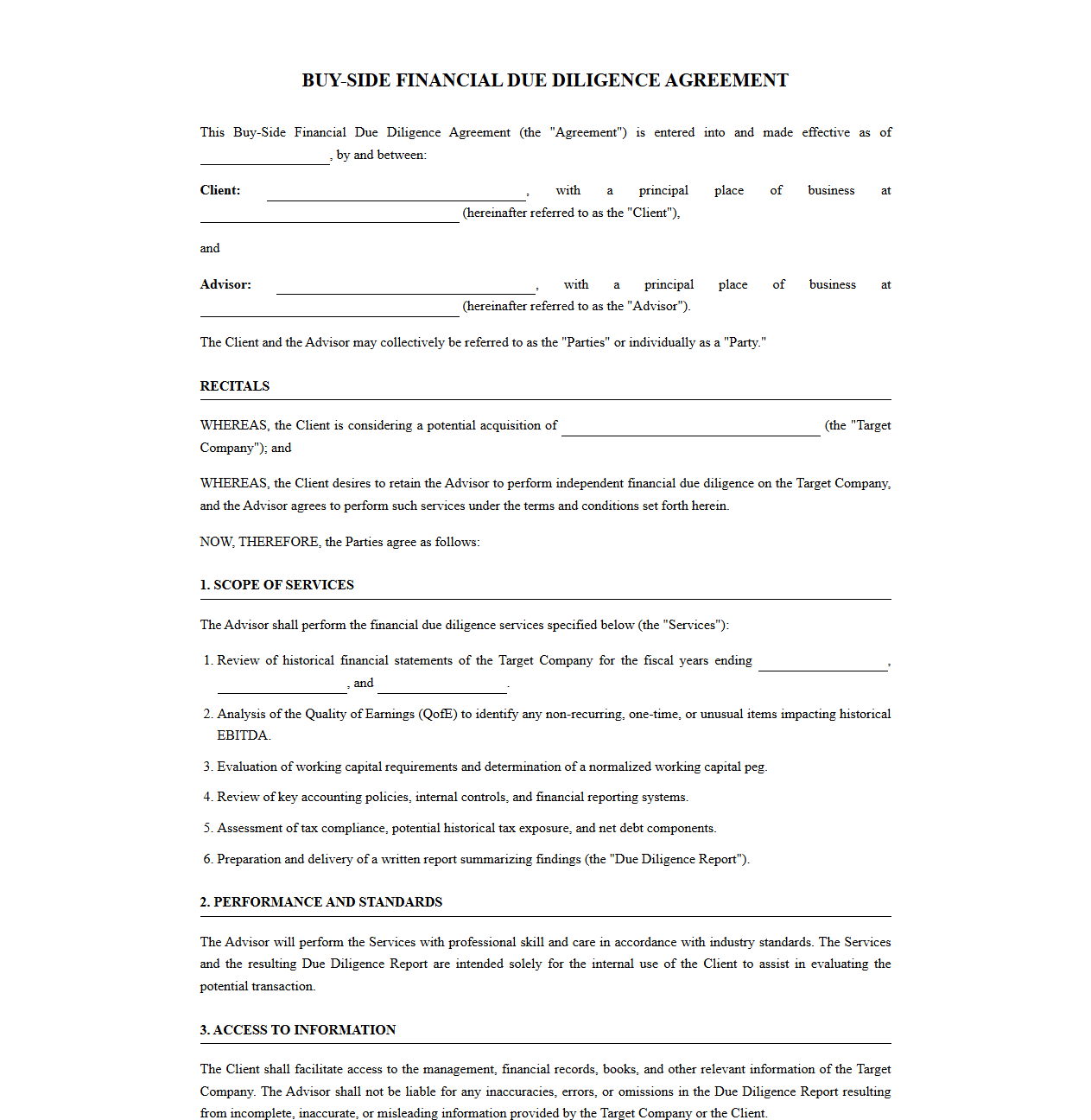 Buy-Side Financial Due Diligence Agreement for Mergers